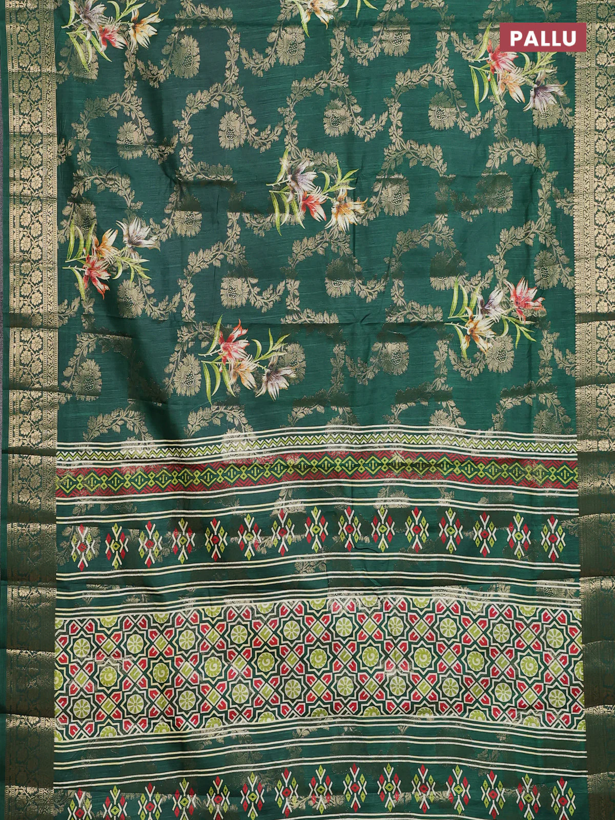 Semi dola saree bottle green with allover zari weaves & floral prints and zari woven border - Image 3