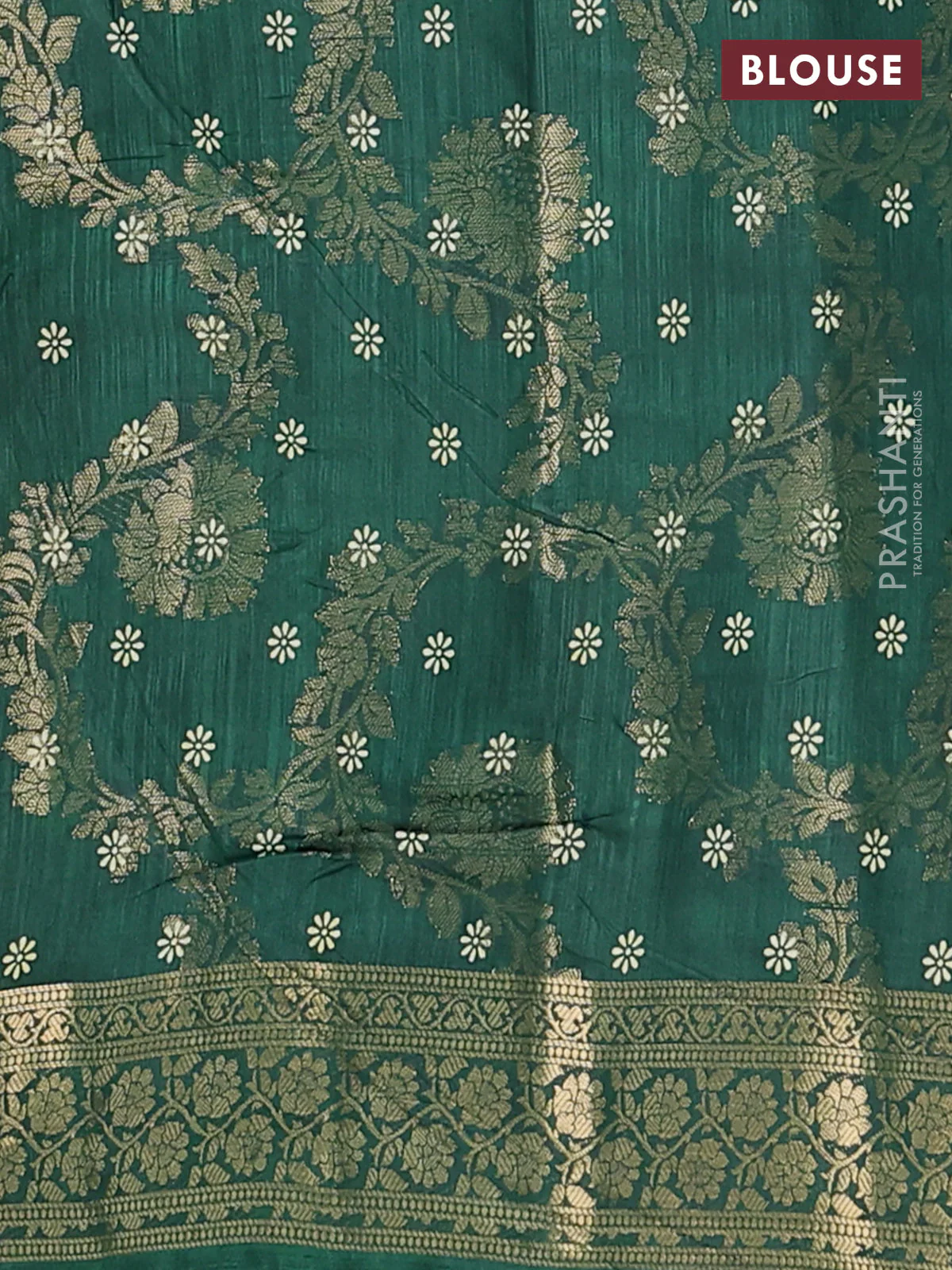 Semi dola saree bottle green with allover zari weaves & floral prints and zari woven border - Image 4