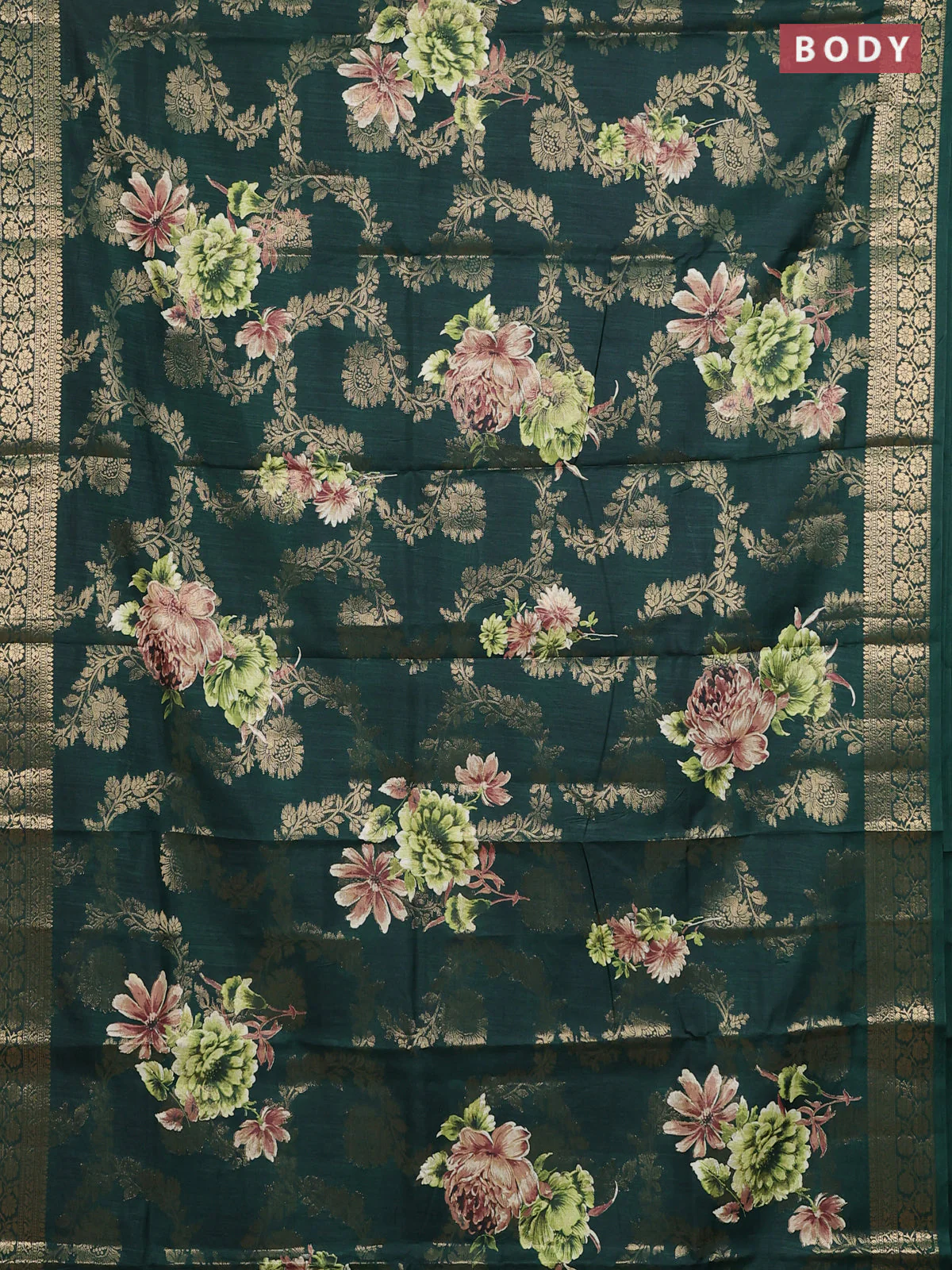 Semi dola saree bottle green with allover zari weaves & floral prints and zari woven border - Image 2