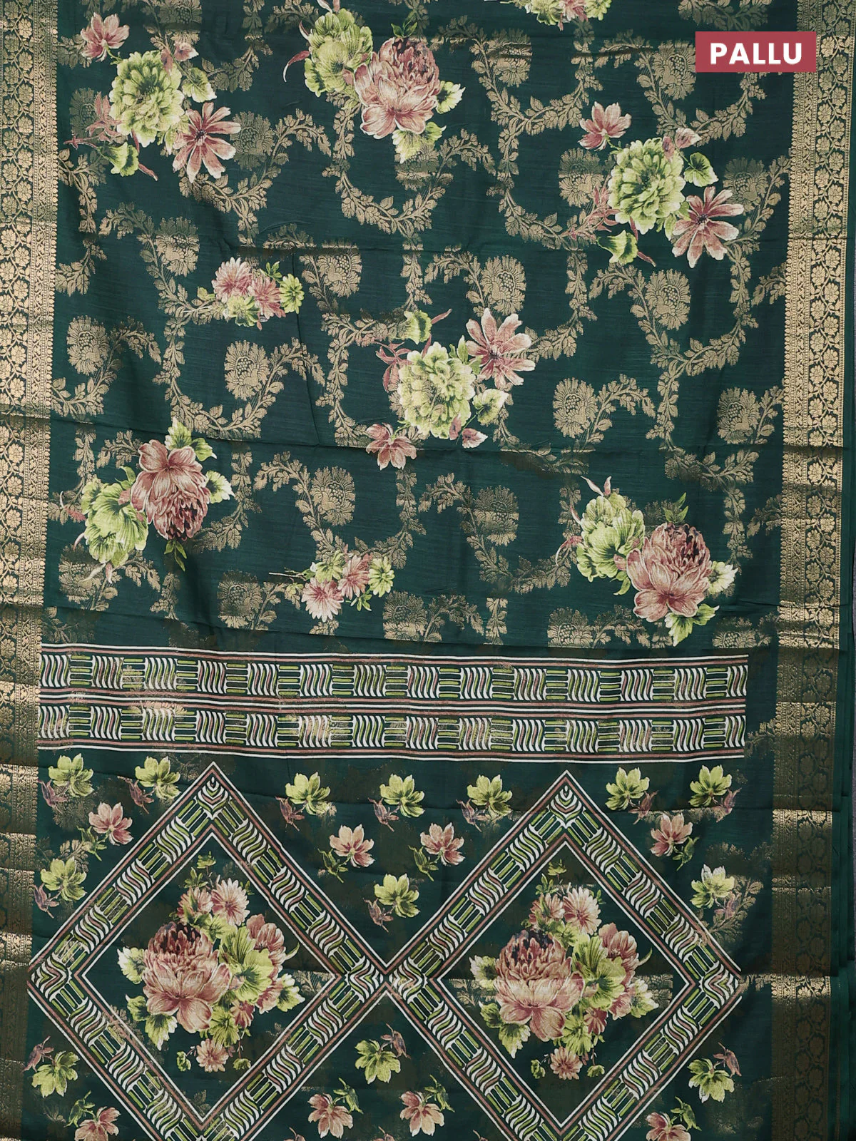 Semi dola saree bottle green with allover zari weaves & floral prints and zari woven border - Image 3