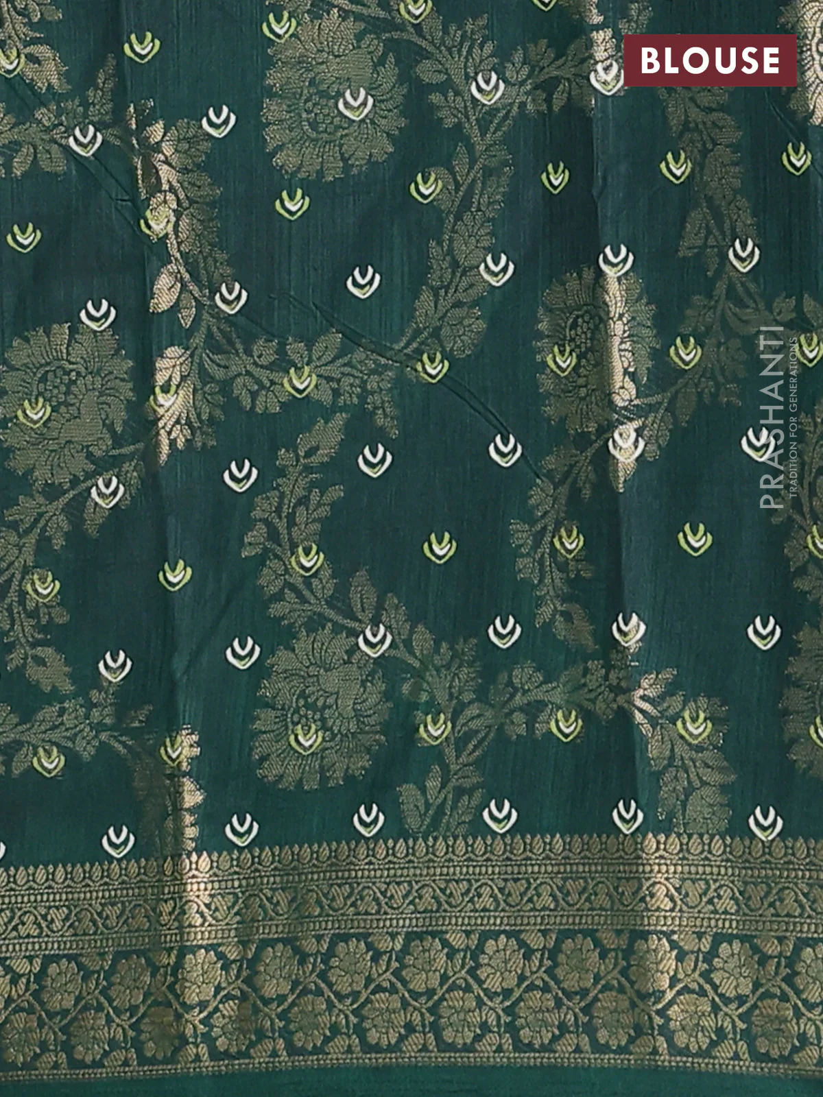 Semi dola saree bottle green with allover zari weaves & floral prints and zari woven border - Image 4