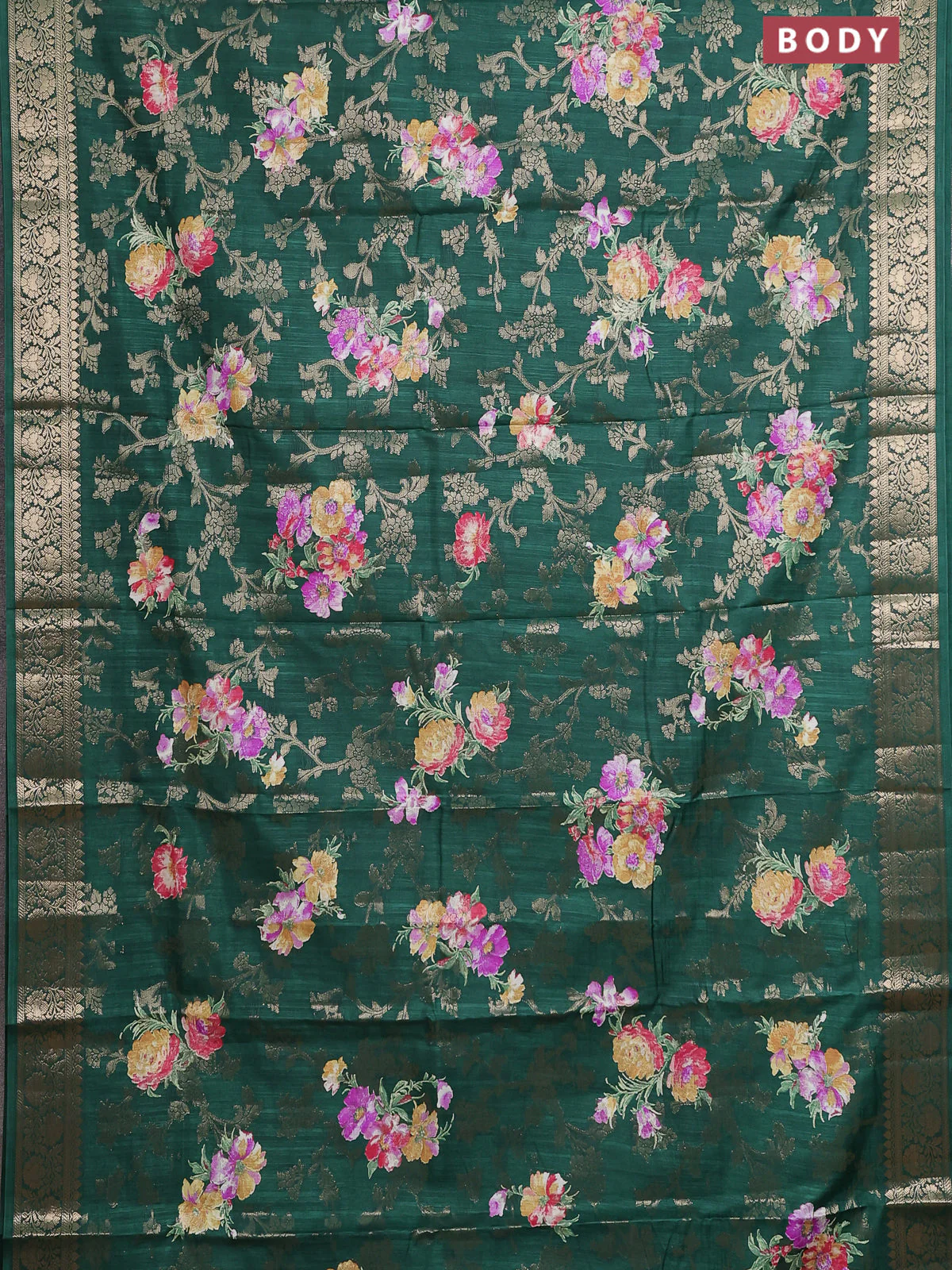 Semi dola saree bottle green with allover zari weaves & floral prints and zari woven border - Image 2