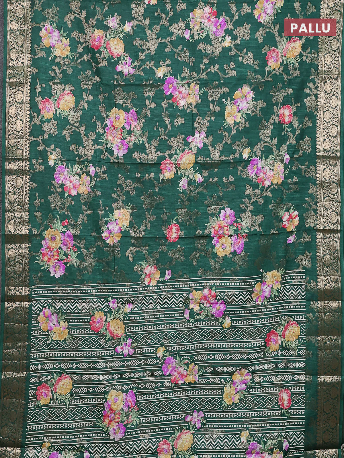 Semi dola saree bottle green with allover zari weaves & floral prints and zari woven border - Image 3