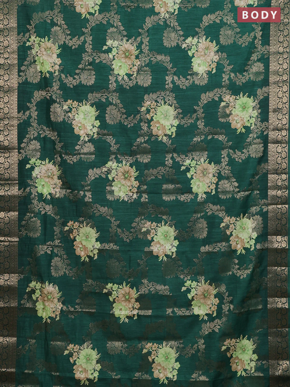 Semi dola saree bottle green with allover zari weaves & floral prints and zari woven border - Image 2