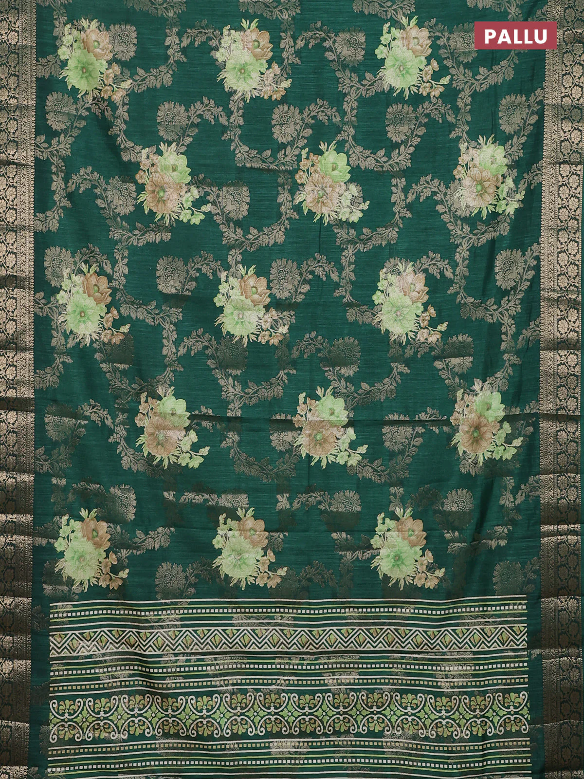 Semi dola saree bottle green with allover zari weaves & floral prints and zari woven border - Image 3