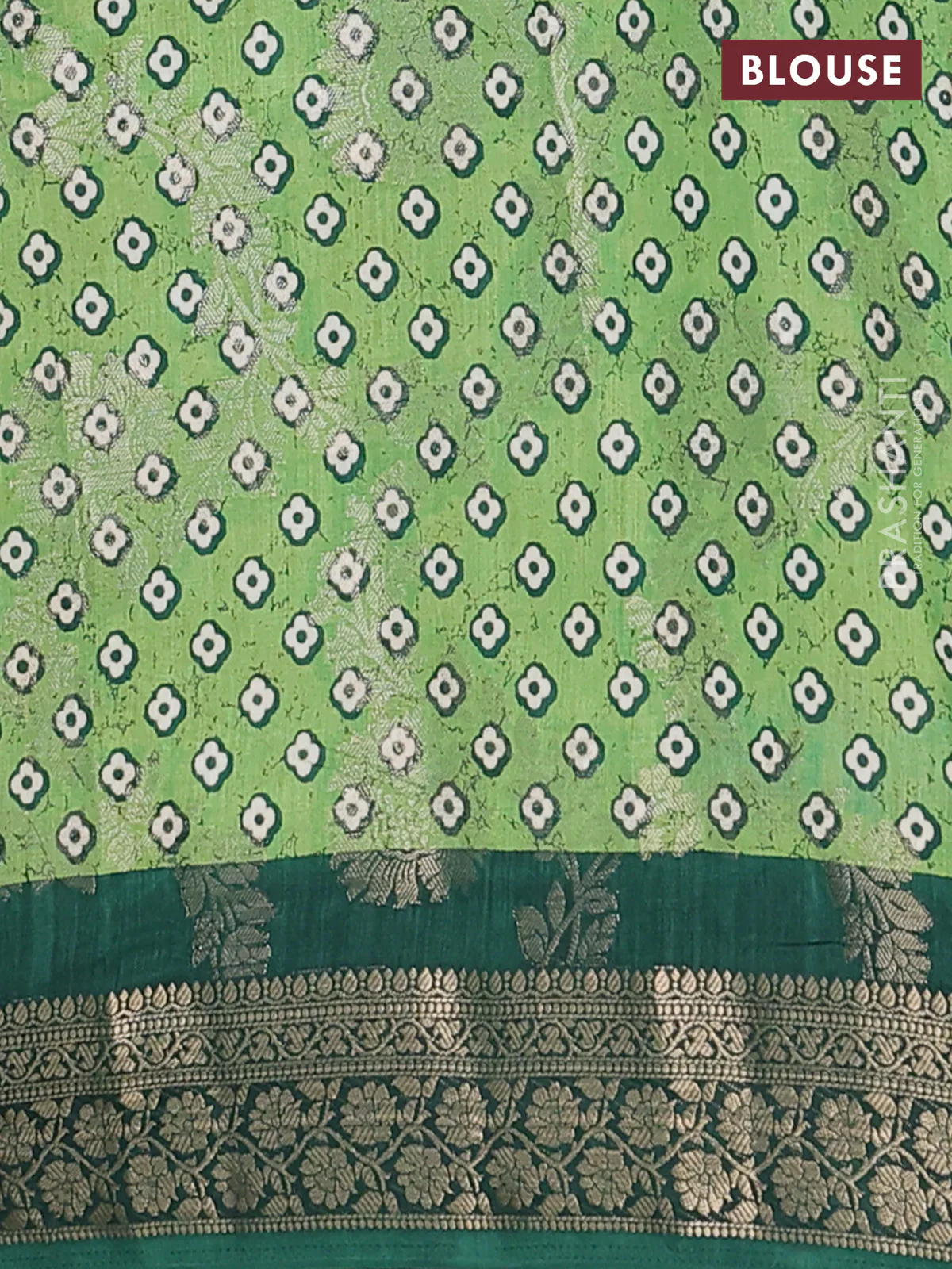 Semi dola saree bottle green with allover zari weaves & floral prints and zari woven border - Image 4