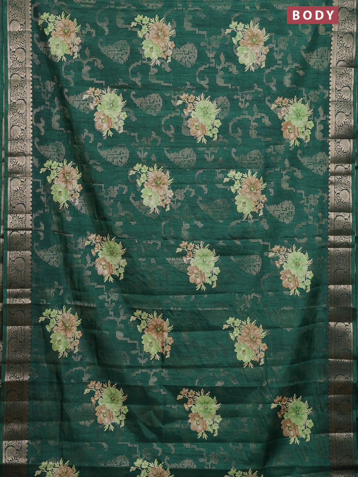 Semi dola saree bottle green with allover zari weaves & floral prints and zari woven border - Image 2