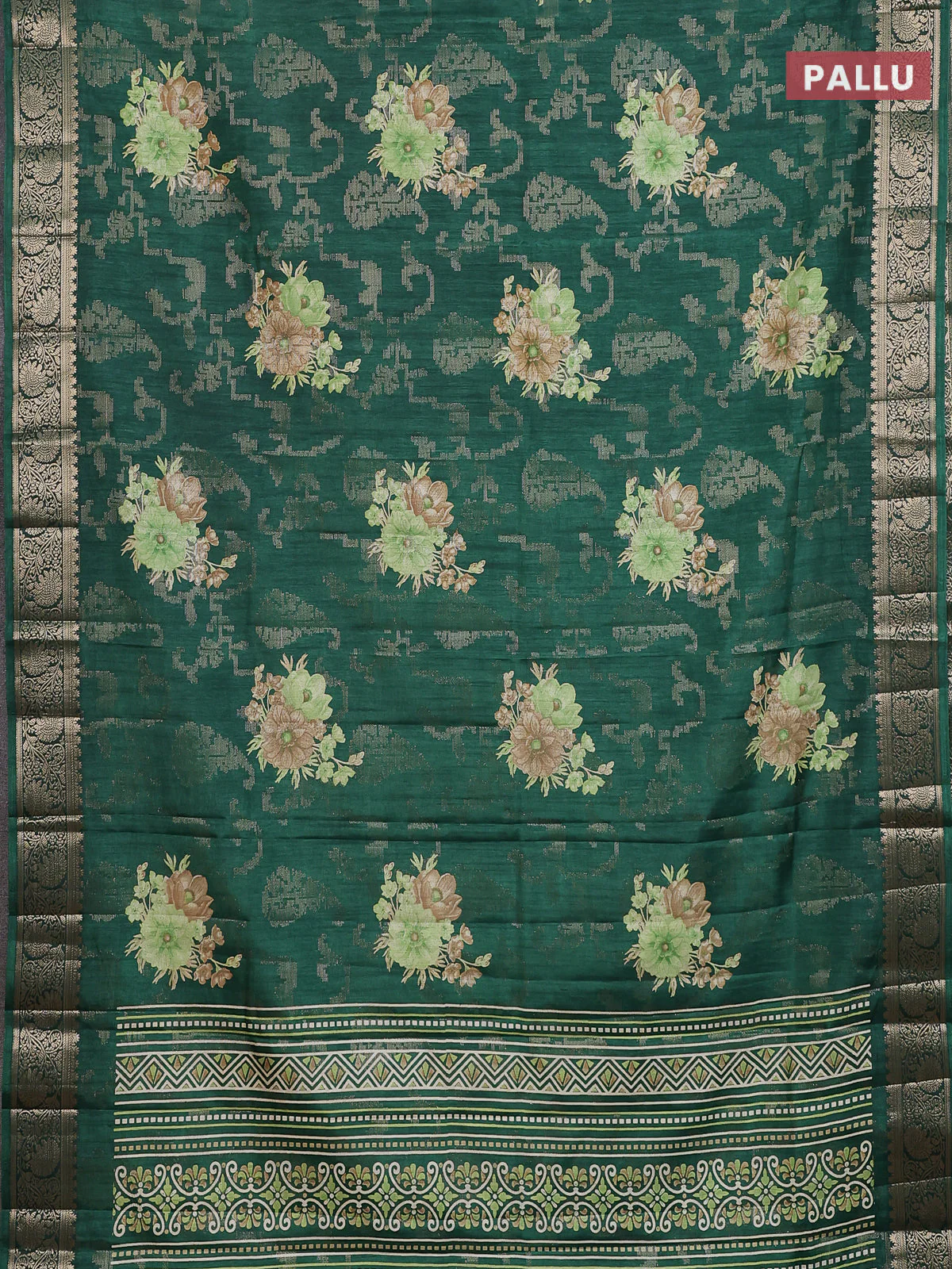 Semi dola saree bottle green with allover zari weaves & floral prints and zari woven border - Image 3