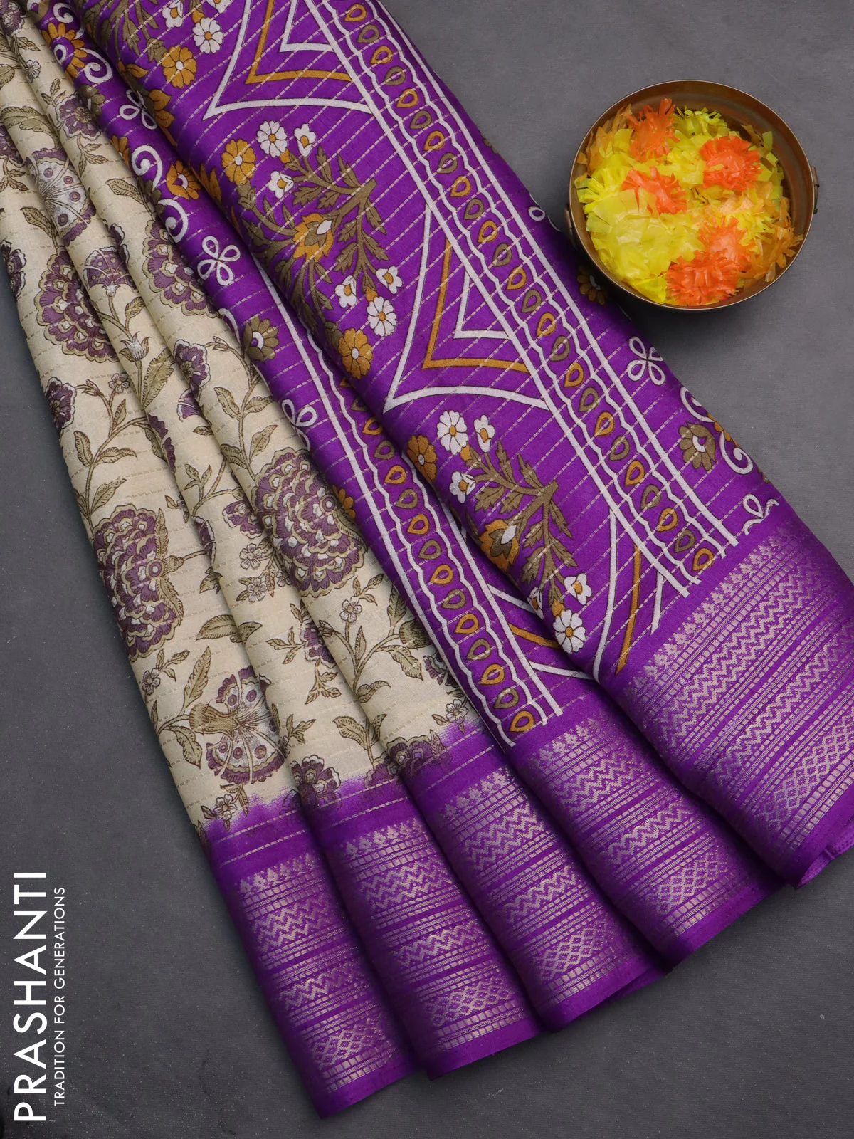 Semi dola saree cream and violet with allover zari weaves & kalamkari prints and zari woven border