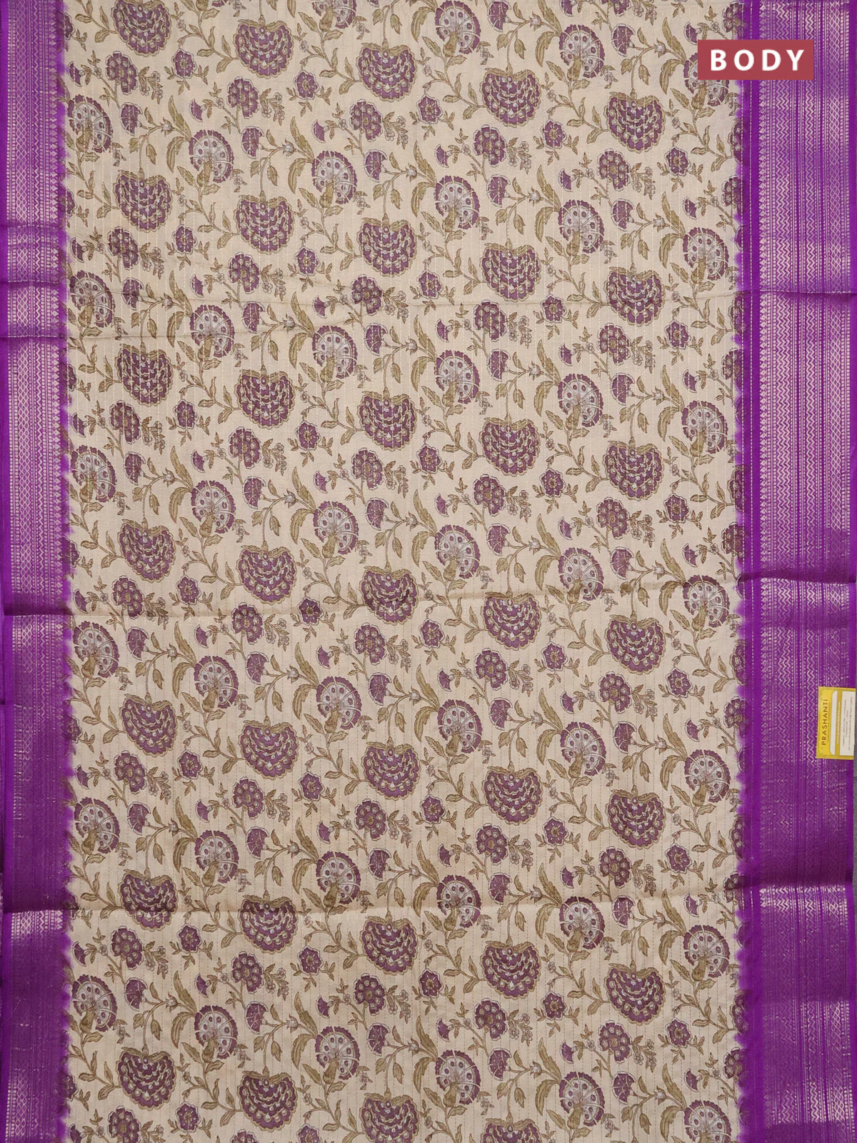 Semi dola saree cream and violet with allover zari weaves & kalamkari prints and zari woven border - Image 2