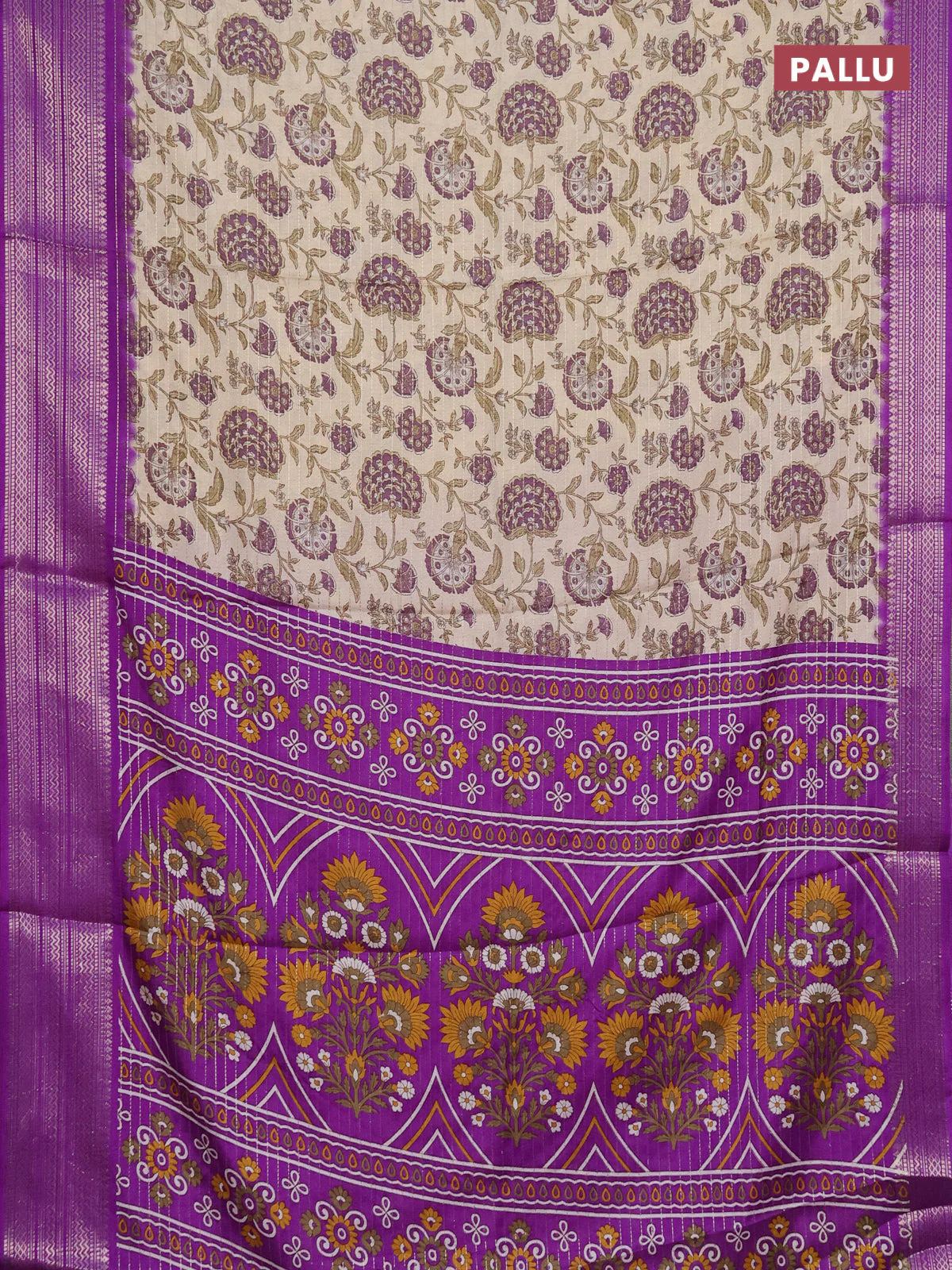 Semi dola saree cream and violet with allover zari weaves & kalamkari prints and zari woven border - Image 3