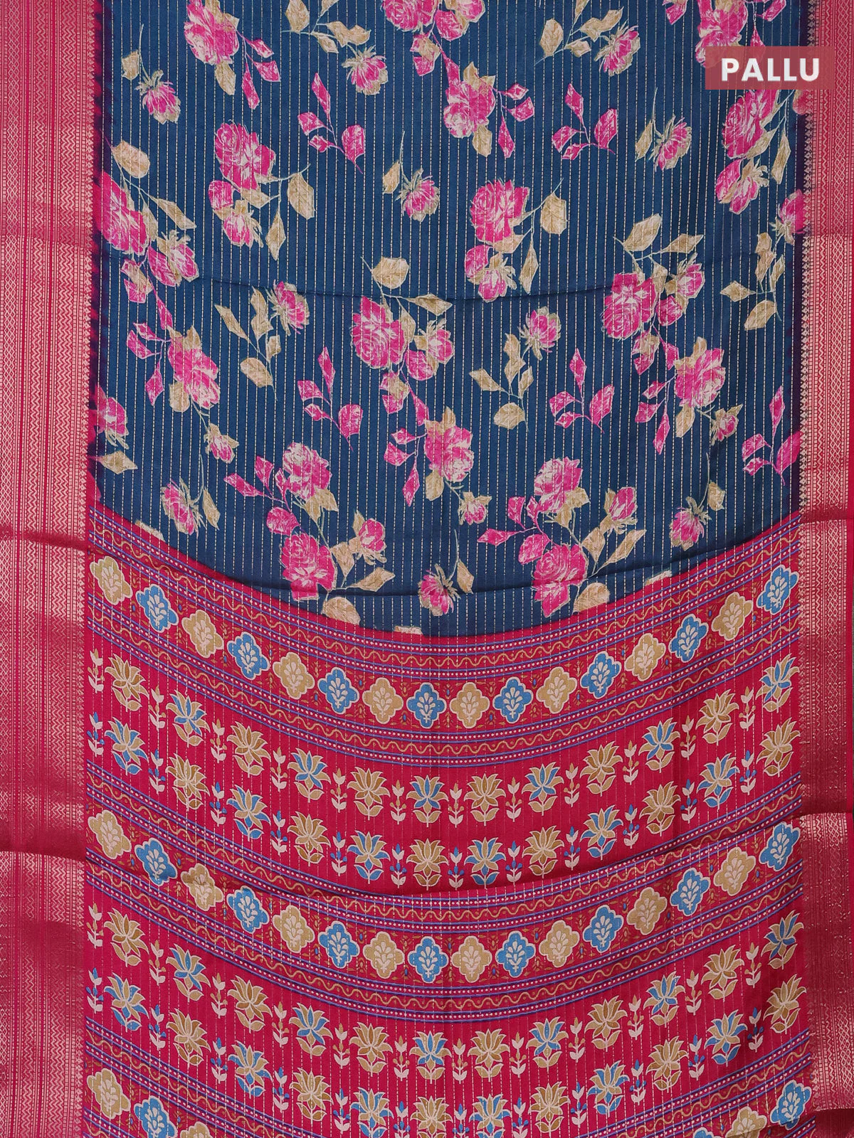 Semi dola saree cs blue and pink with allover zari weaves & floral prints and zari woven border - Image 3