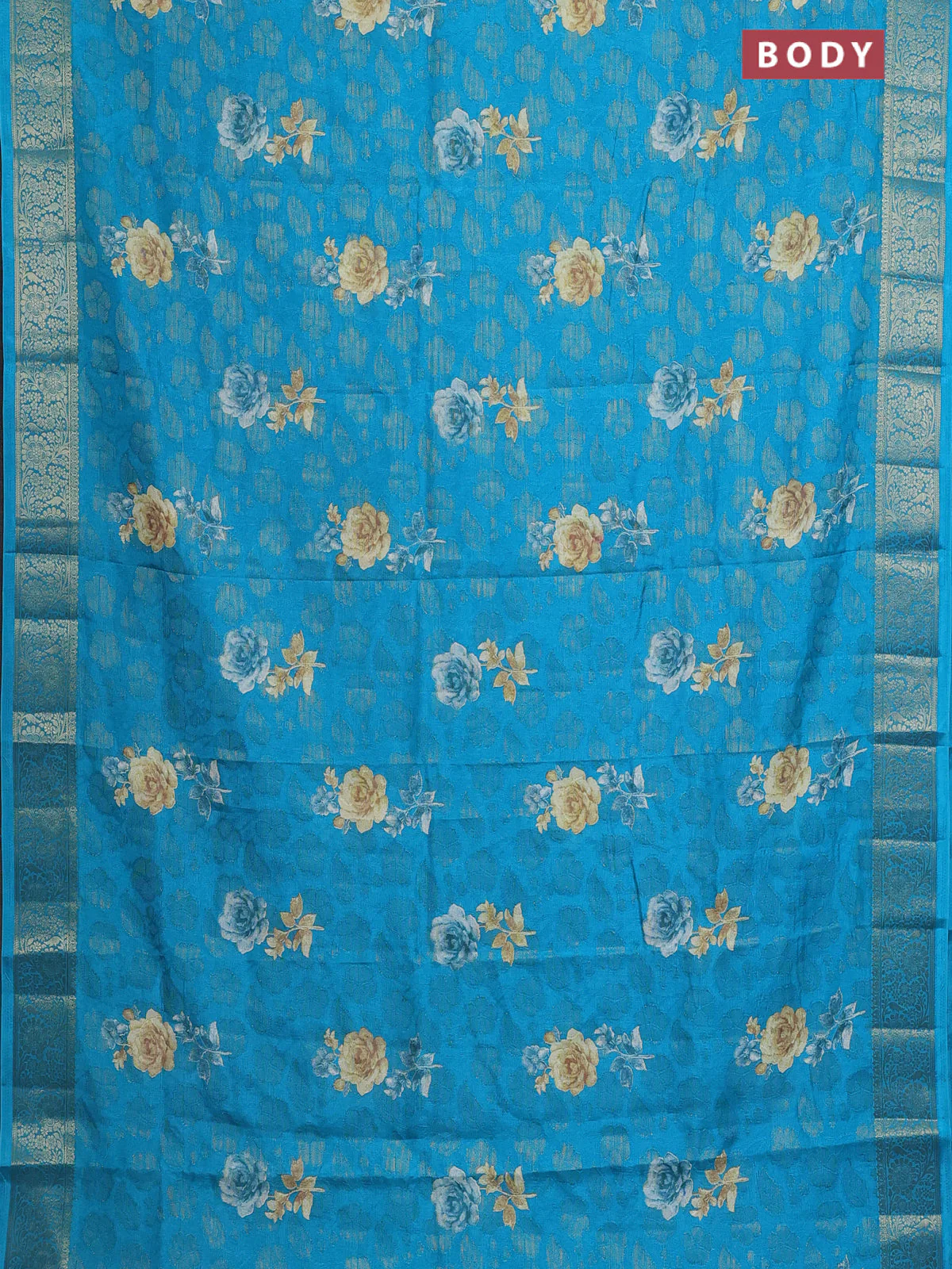 Semi dola saree cs blue with floral prints & zari weaves and zari woven border - Image 2