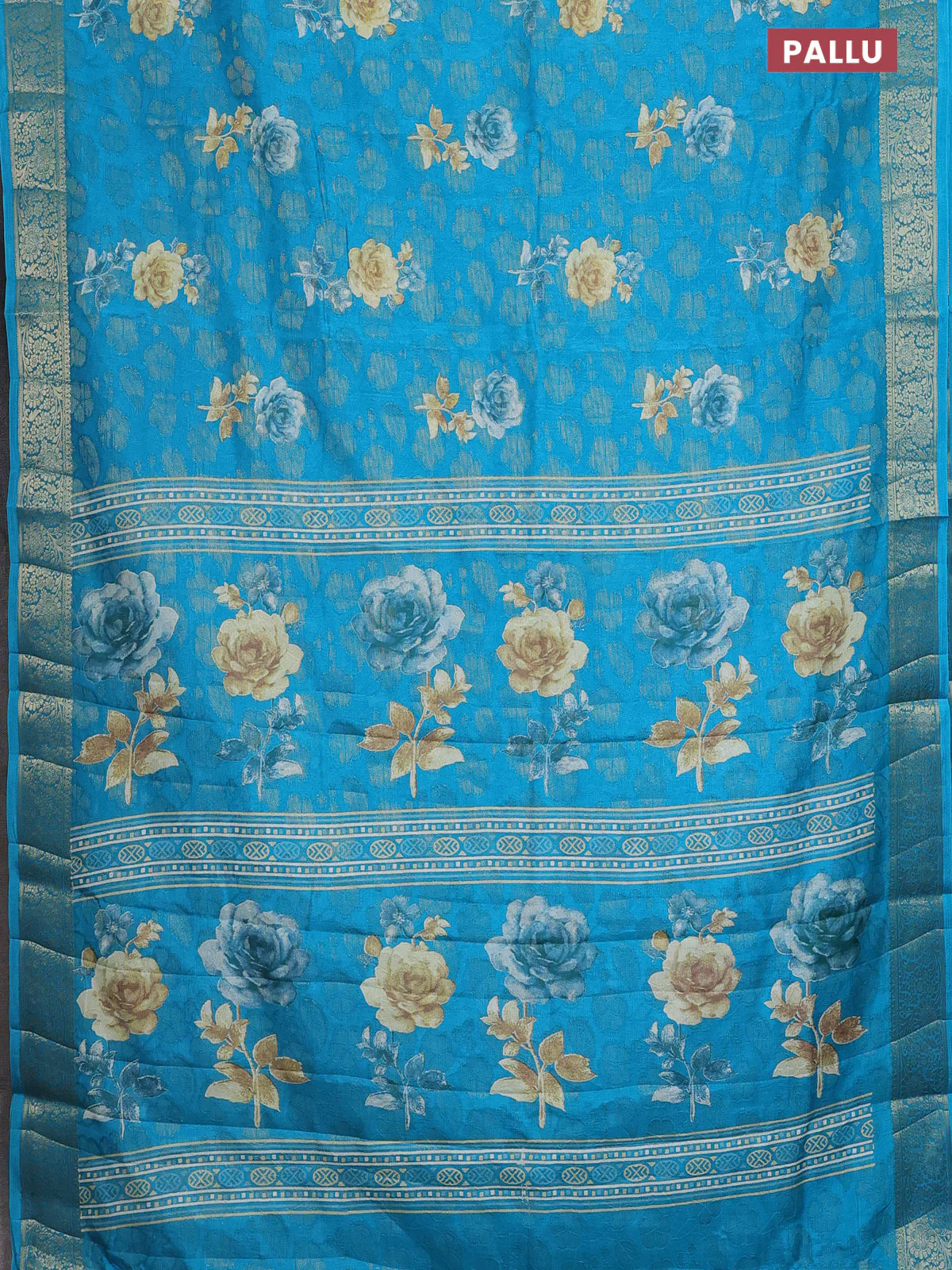 Semi dola saree cs blue with floral prints & zari weaves and zari woven border - Image 3