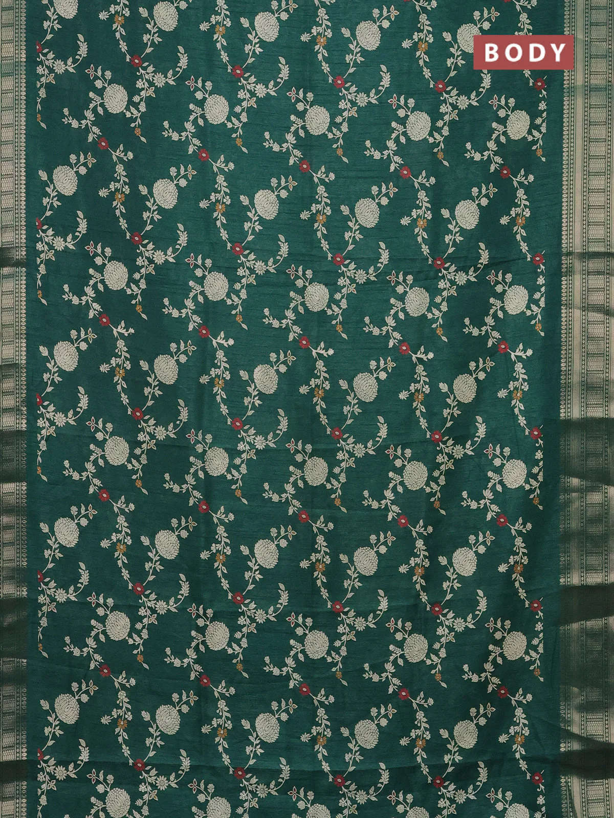 Semi dola saree dark green with allover prints and zari woven border - Image 2