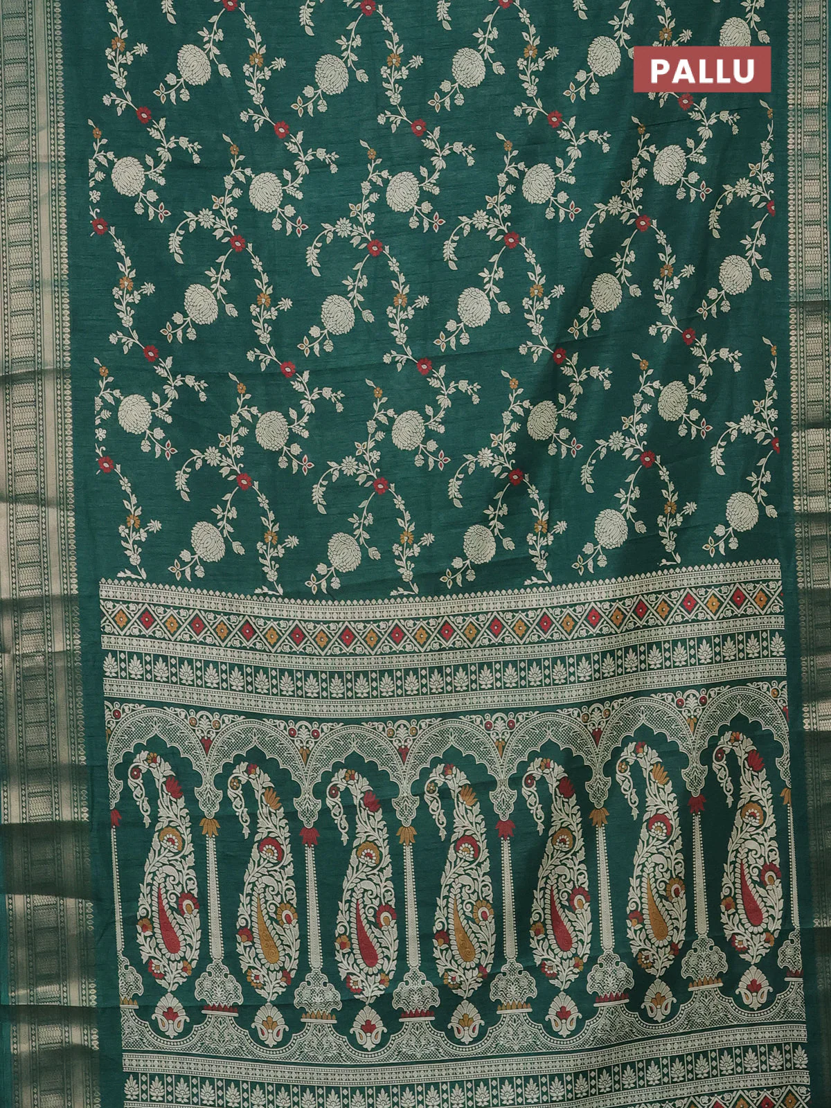 Semi dola saree dark green with allover prints and zari woven border - Image 3