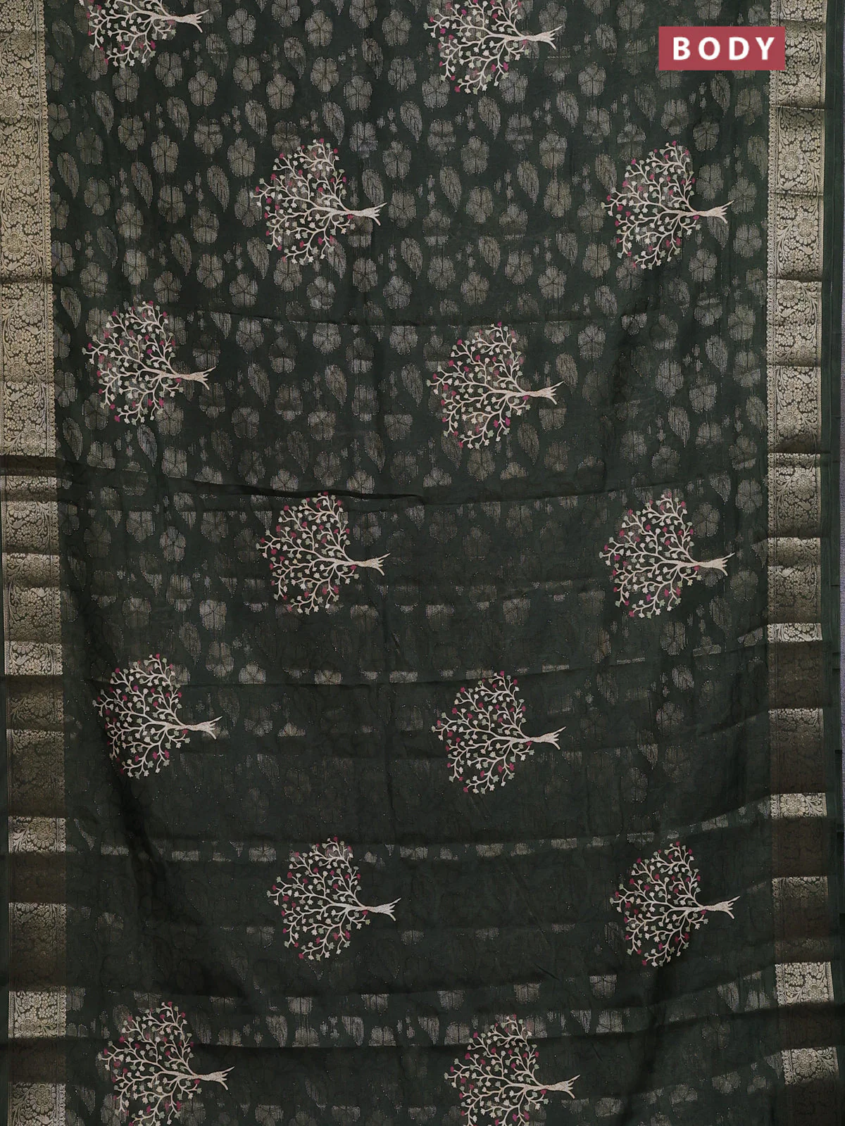 Semi dola saree dark sap green with butta prints & zari weaves and zari woven border - Image 2