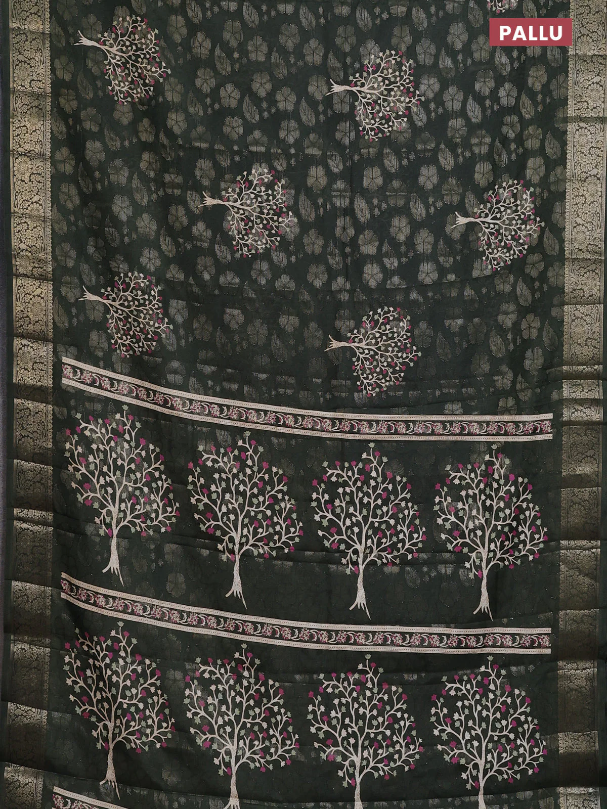 Semi dola saree dark sap green with butta prints & zari weaves and zari woven border - Image 3