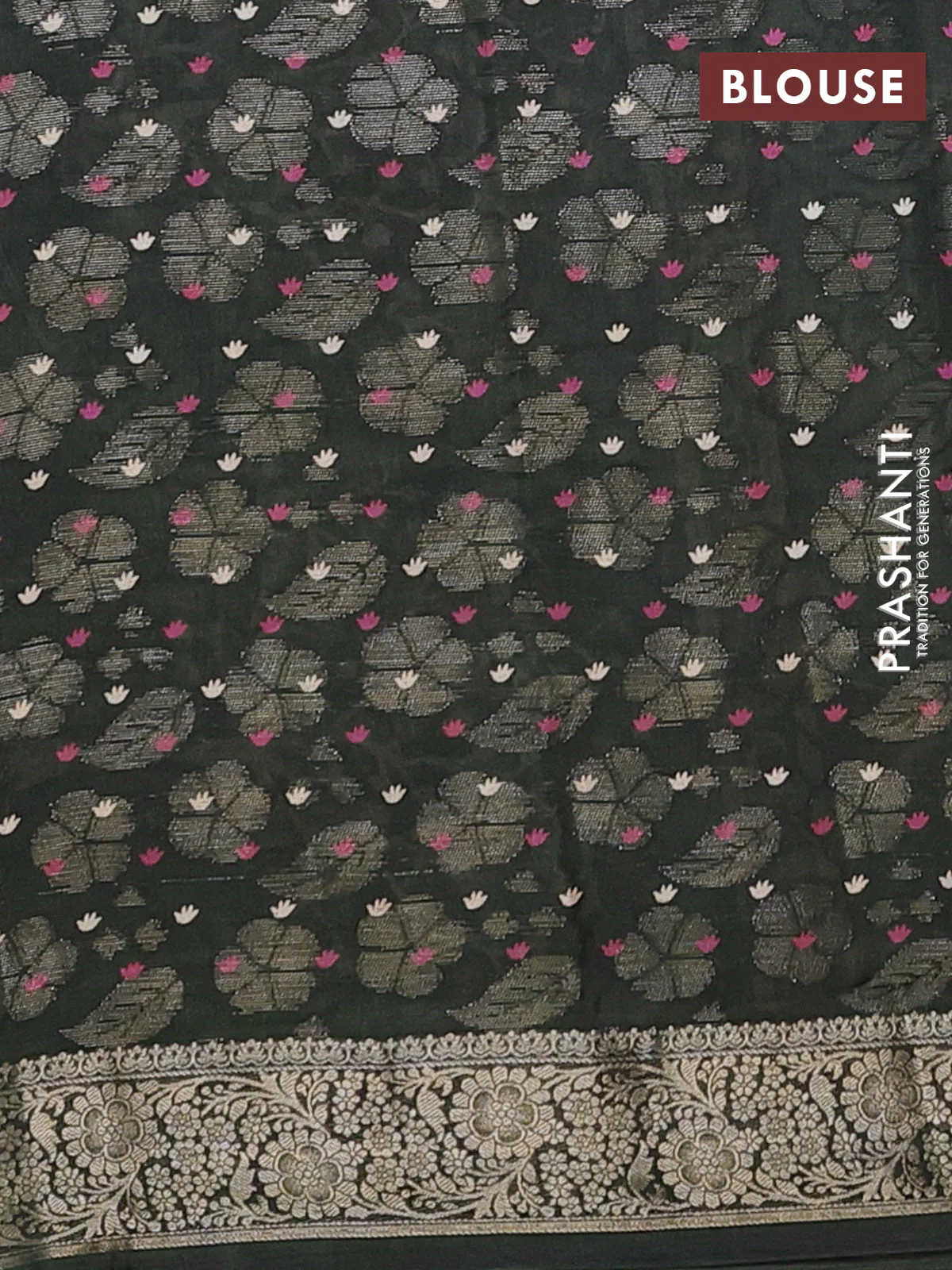 Semi dola saree dark sap green with butta prints & zari weaves and zari woven border - Image 4