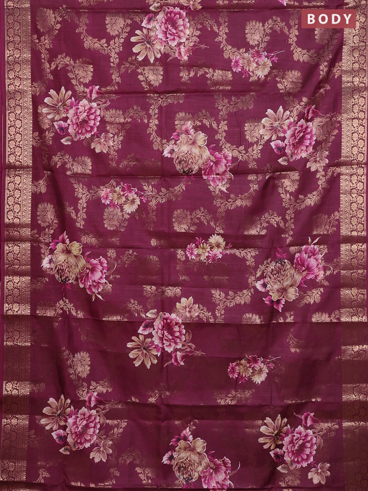 Semi dola saree deep maroon with allover zari weaves & floral prints and zari woven border - Image 2
