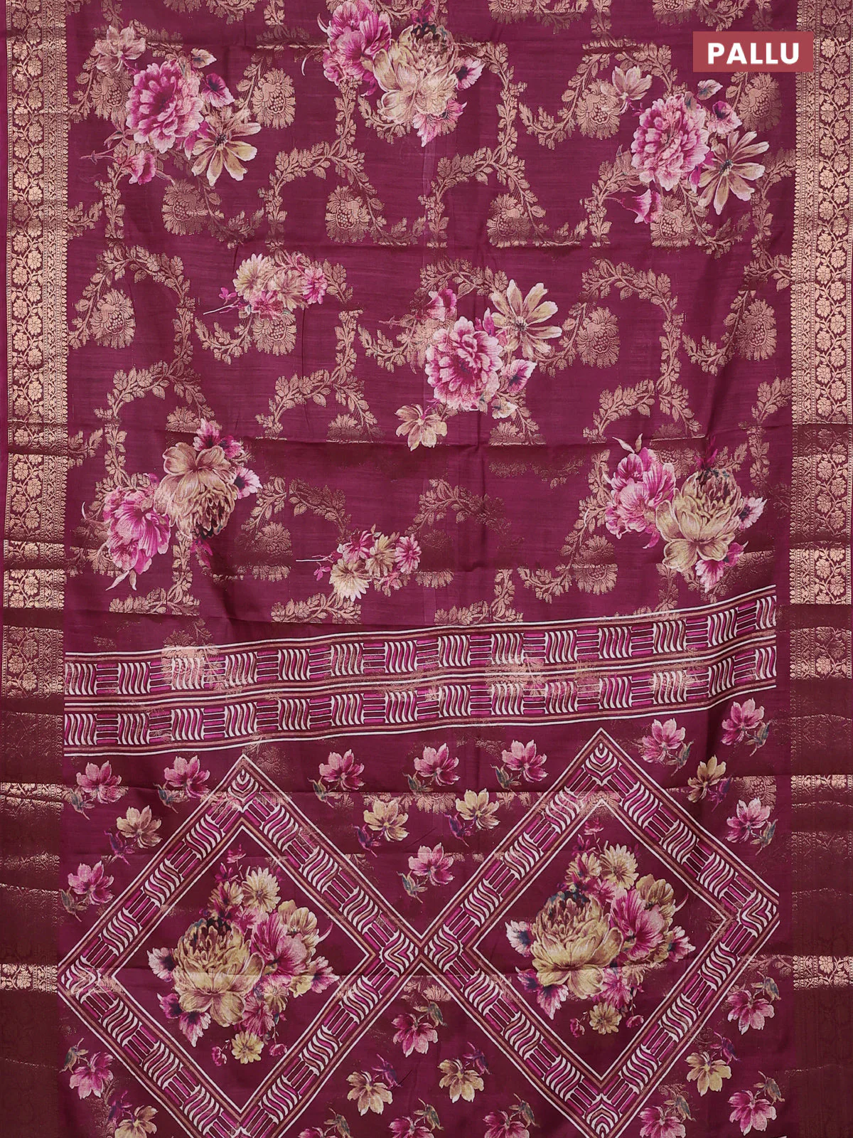 Semi dola saree deep maroon with allover zari weaves & floral prints and zari woven border - Image 3