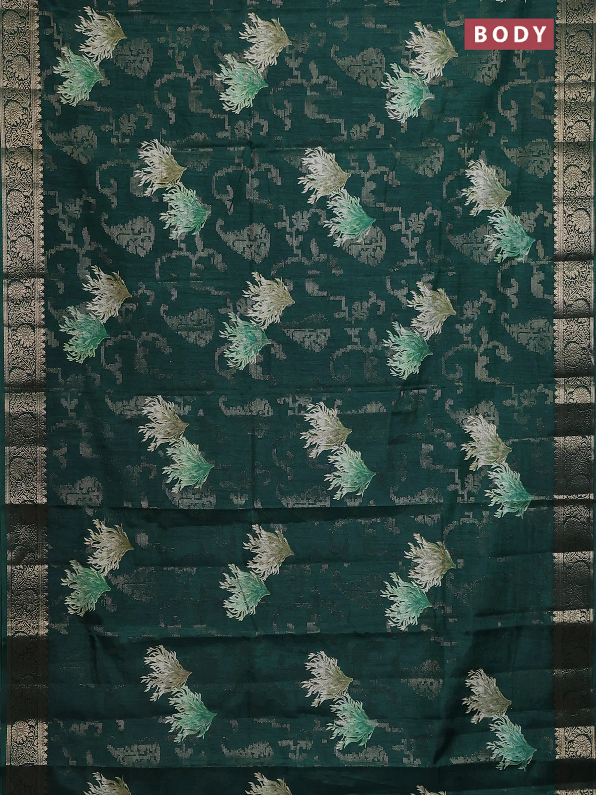 Semi dola saree green with floral prints & zari weaves and zari woven border - Image 2