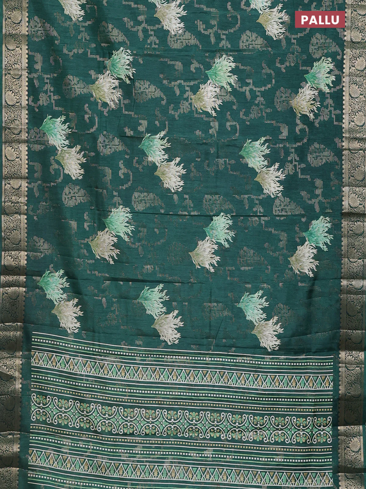 Semi dola saree green with floral prints & zari weaves and zari woven border - Image 3