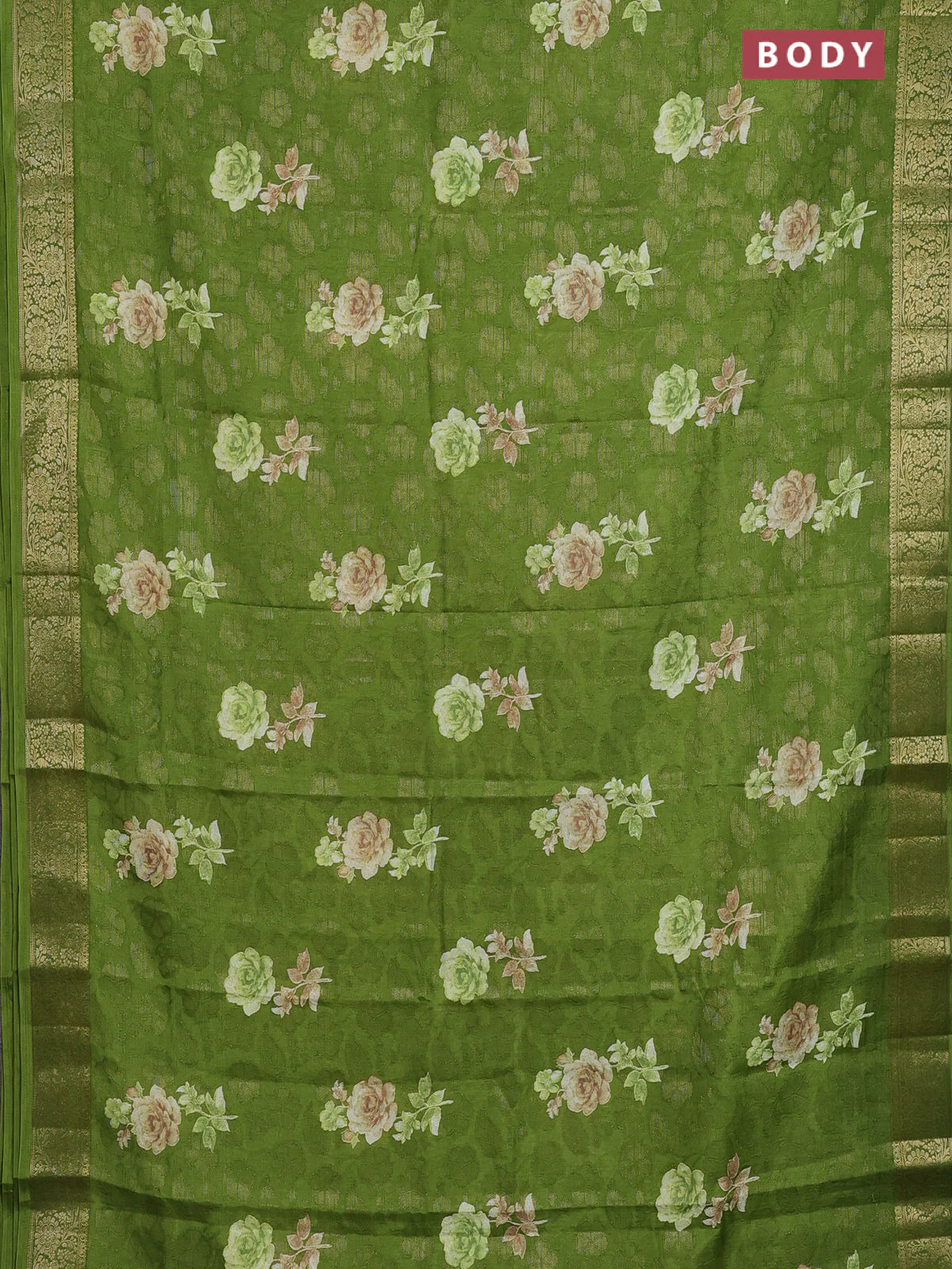 Semi dola saree green with floral prints & zari weaves and zari woven border - Image 2