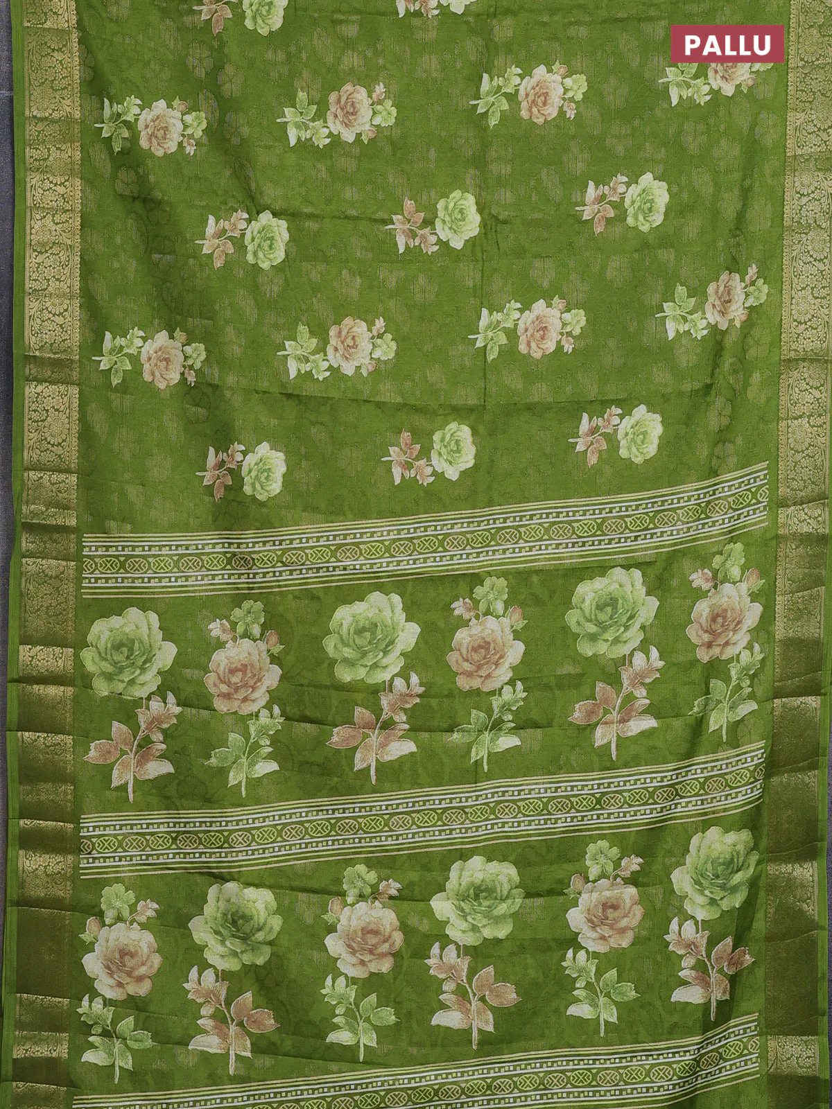 Semi dola saree green with floral prints & zari weaves and zari woven border - Image 3