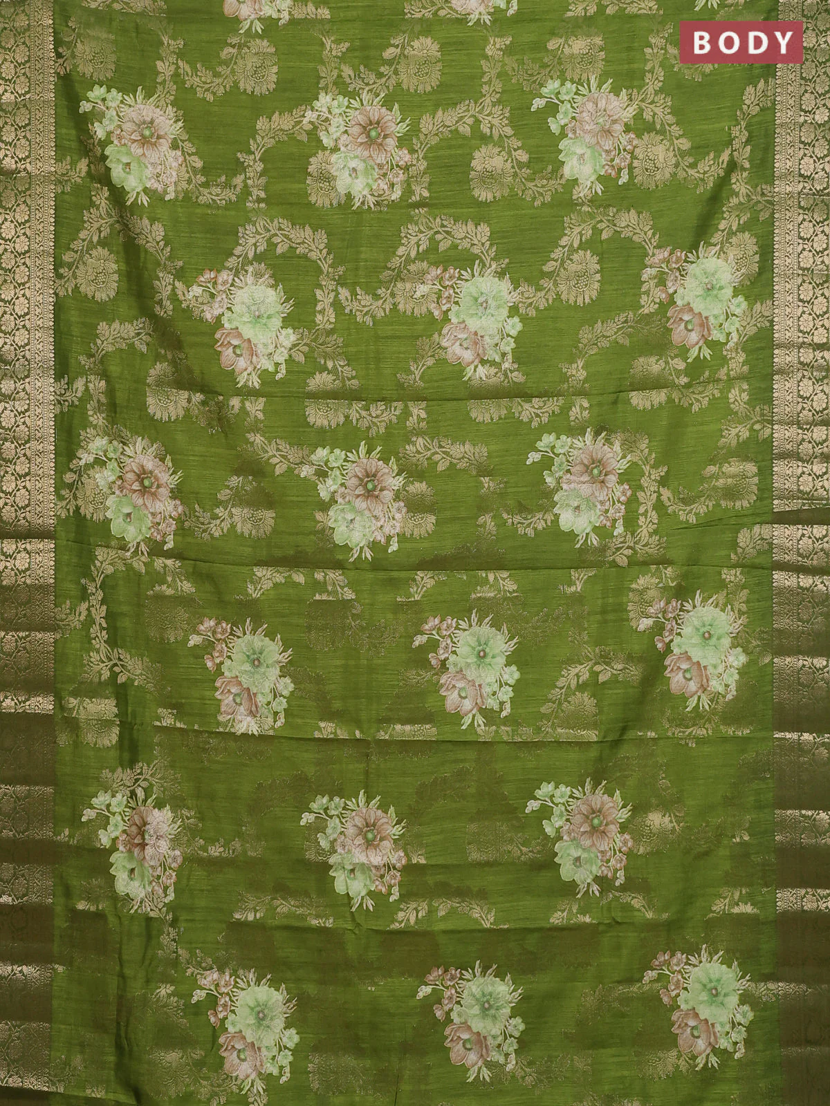 Semi dola saree light green with allover zari weaves & floral prints and zari woven border - Image 2