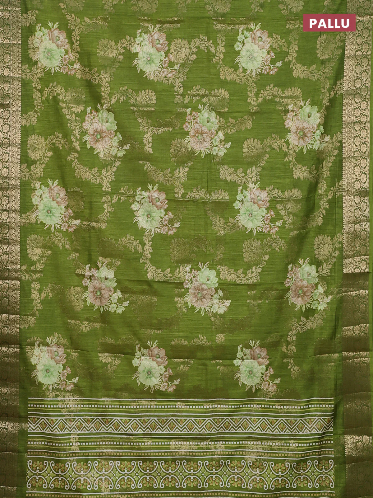 Semi dola saree light green with allover zari weaves & floral prints and zari woven border - Image 3