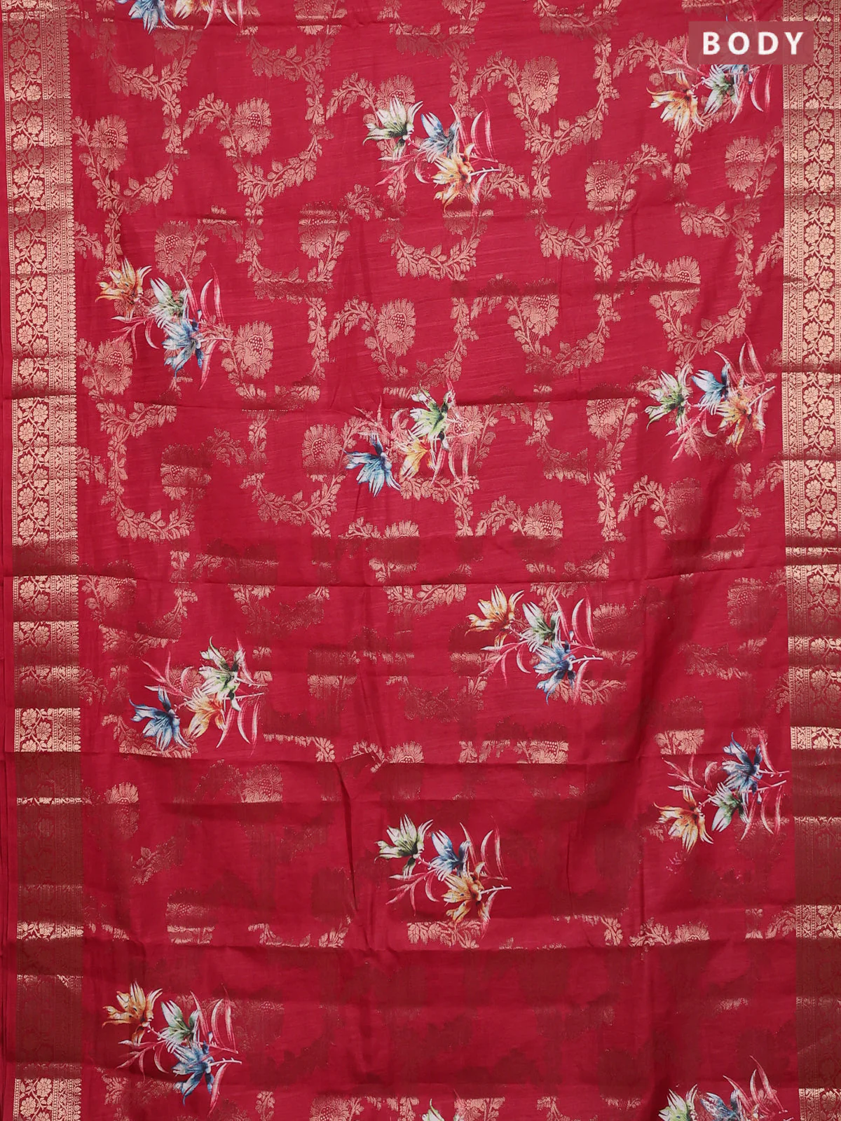 Semi dola saree maroon with allover zari weaves & floral prints and zari woven border - Image 2