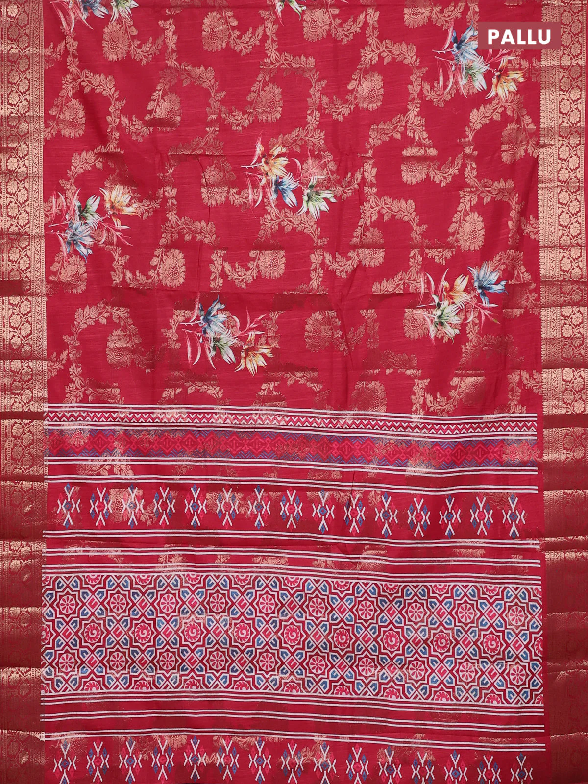 Semi dola saree maroon with allover zari weaves & floral prints and zari woven border - Image 3