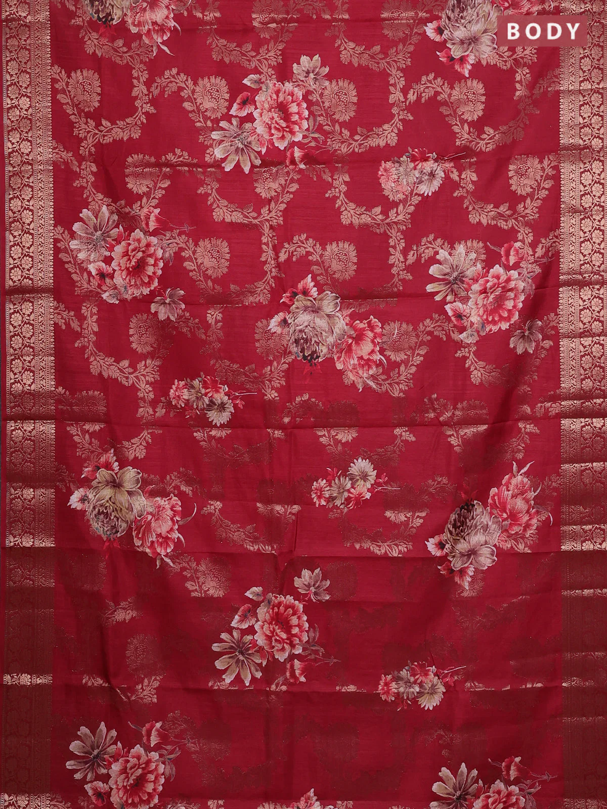 Semi dola saree maroon with allover zari weaves & floral prints and zari woven border - Image 2