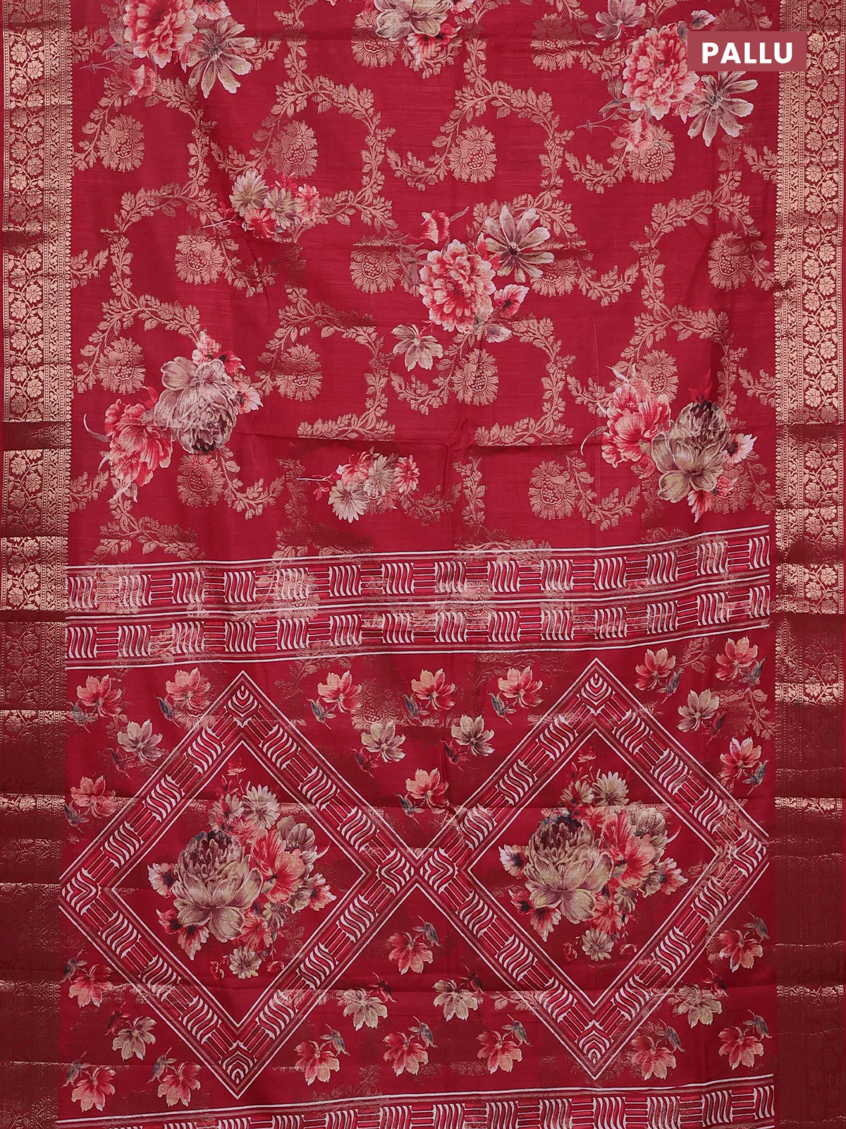 Semi dola saree maroon with allover zari weaves & floral prints and zari woven border - Image 3
