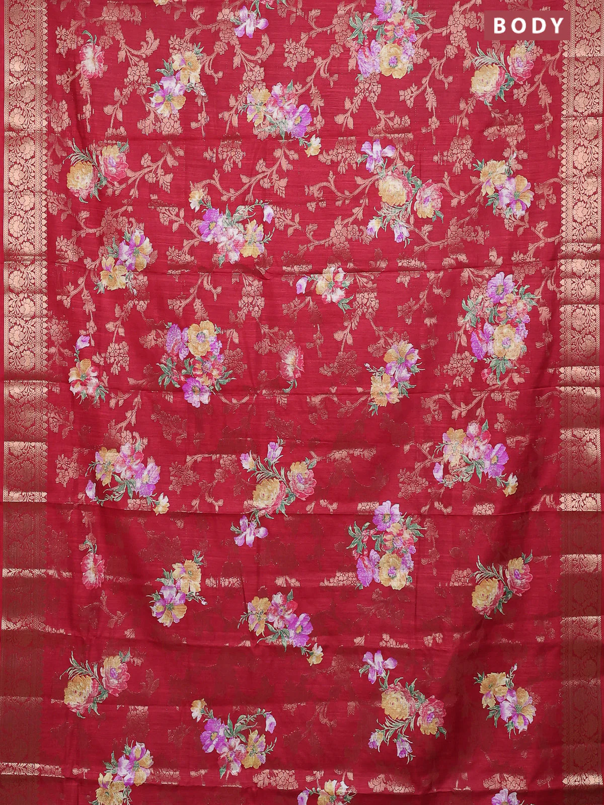 Semi dola saree maroon with allover zari weaves & floral prints and zari woven border - Image 2
