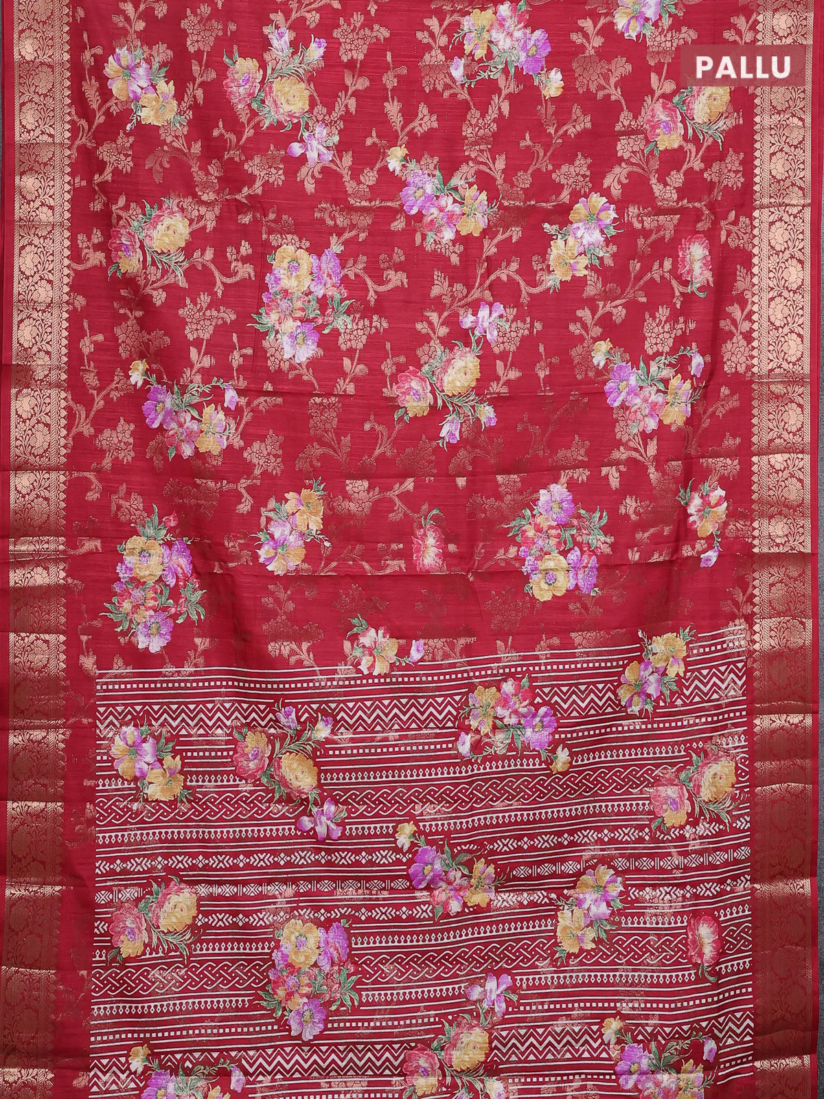 Semi dola saree maroon with allover zari weaves & floral prints and zari woven border - Image 3