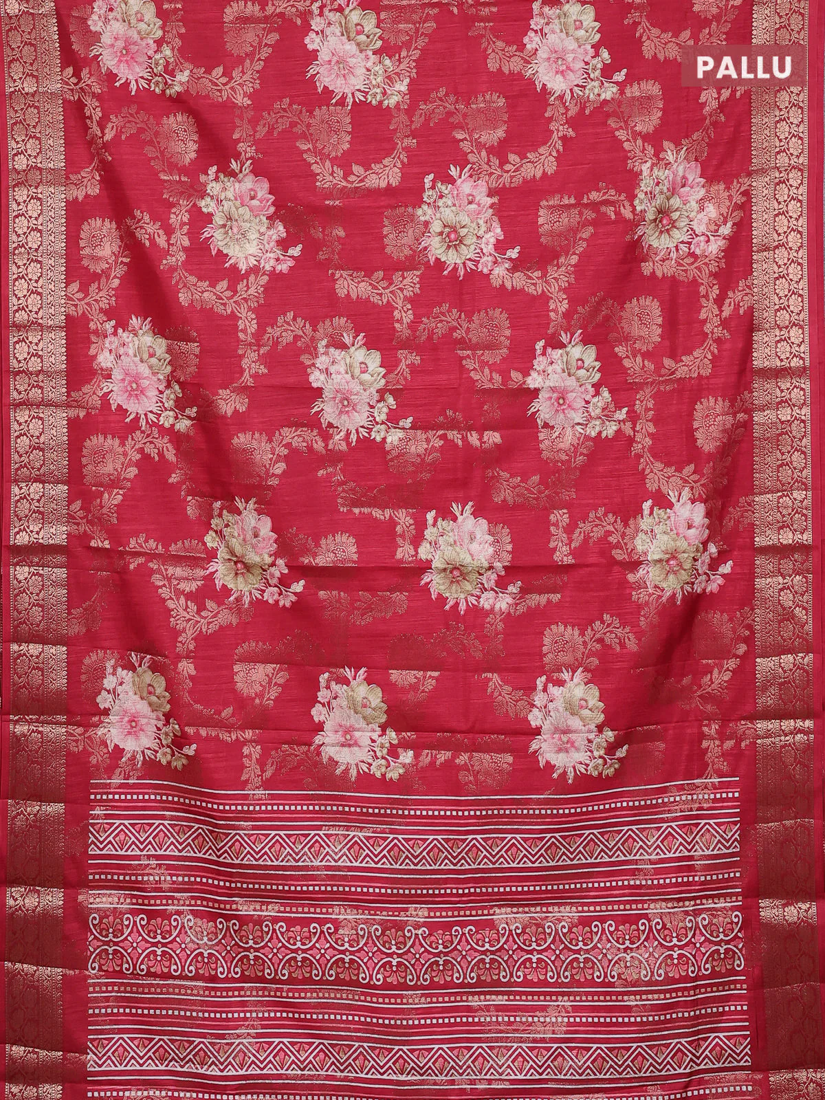 Semi dola saree maroon with allover zari weaves & floral prints and zari woven border - Image 3