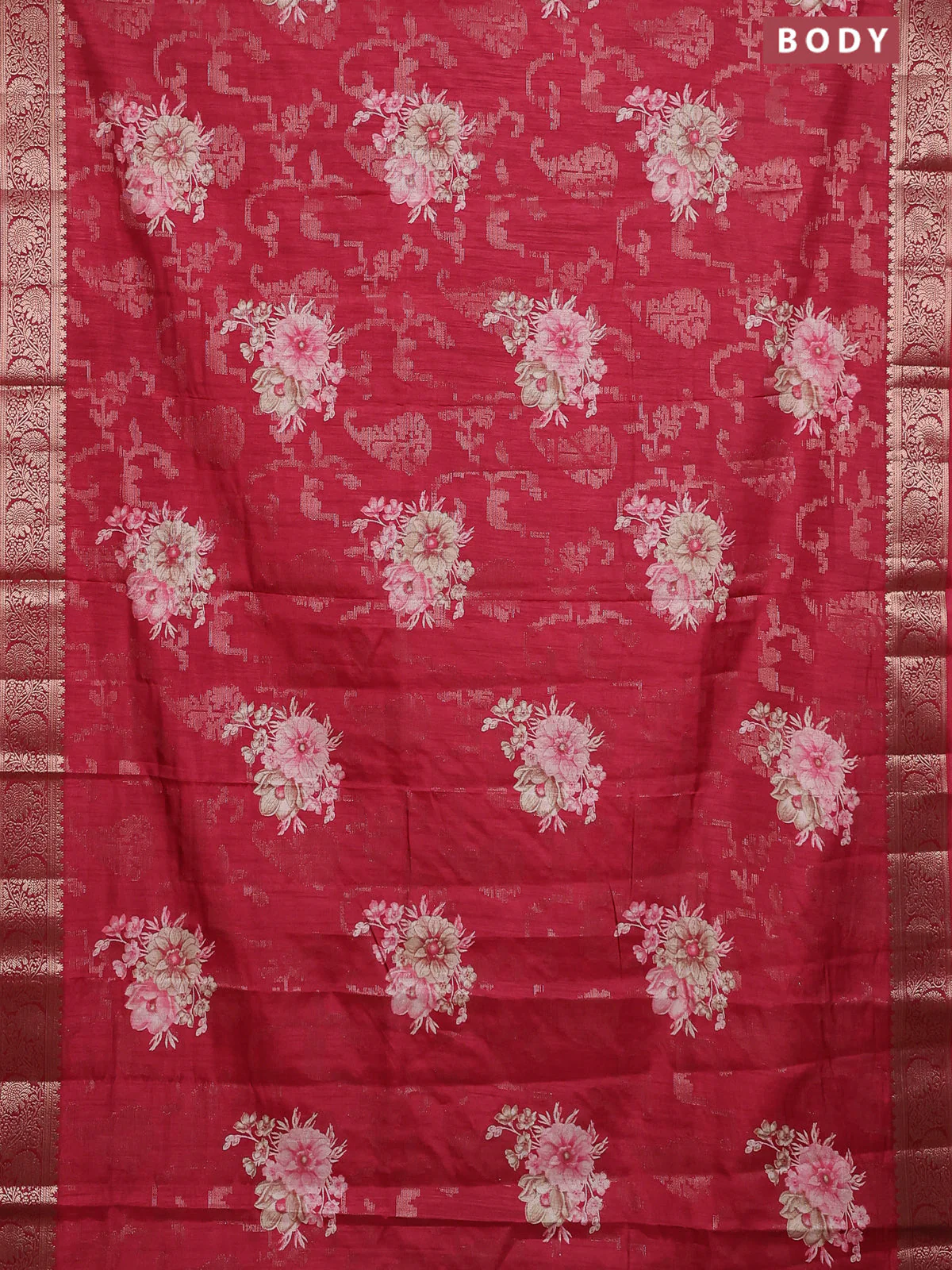 Semi dola saree maroon with allover zari weaves & floral prints and zari woven border - Image 2