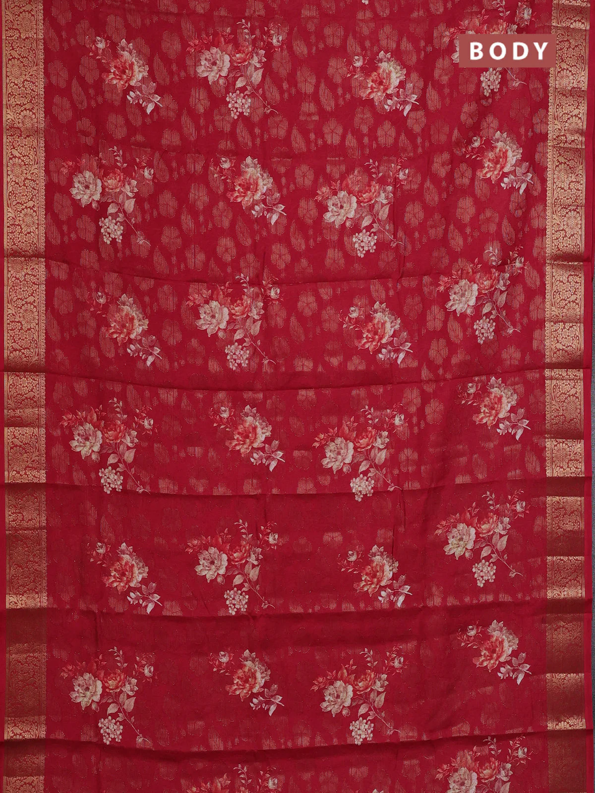 Semi dola saree maroon with floral prints & zari weaves and zari woven border - Image 2