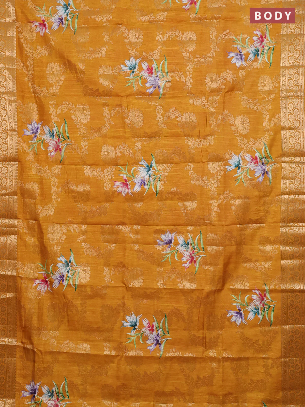Semi dola saree mustard yellow with allover zari weaves & floral prints and zari woven border - Image 2