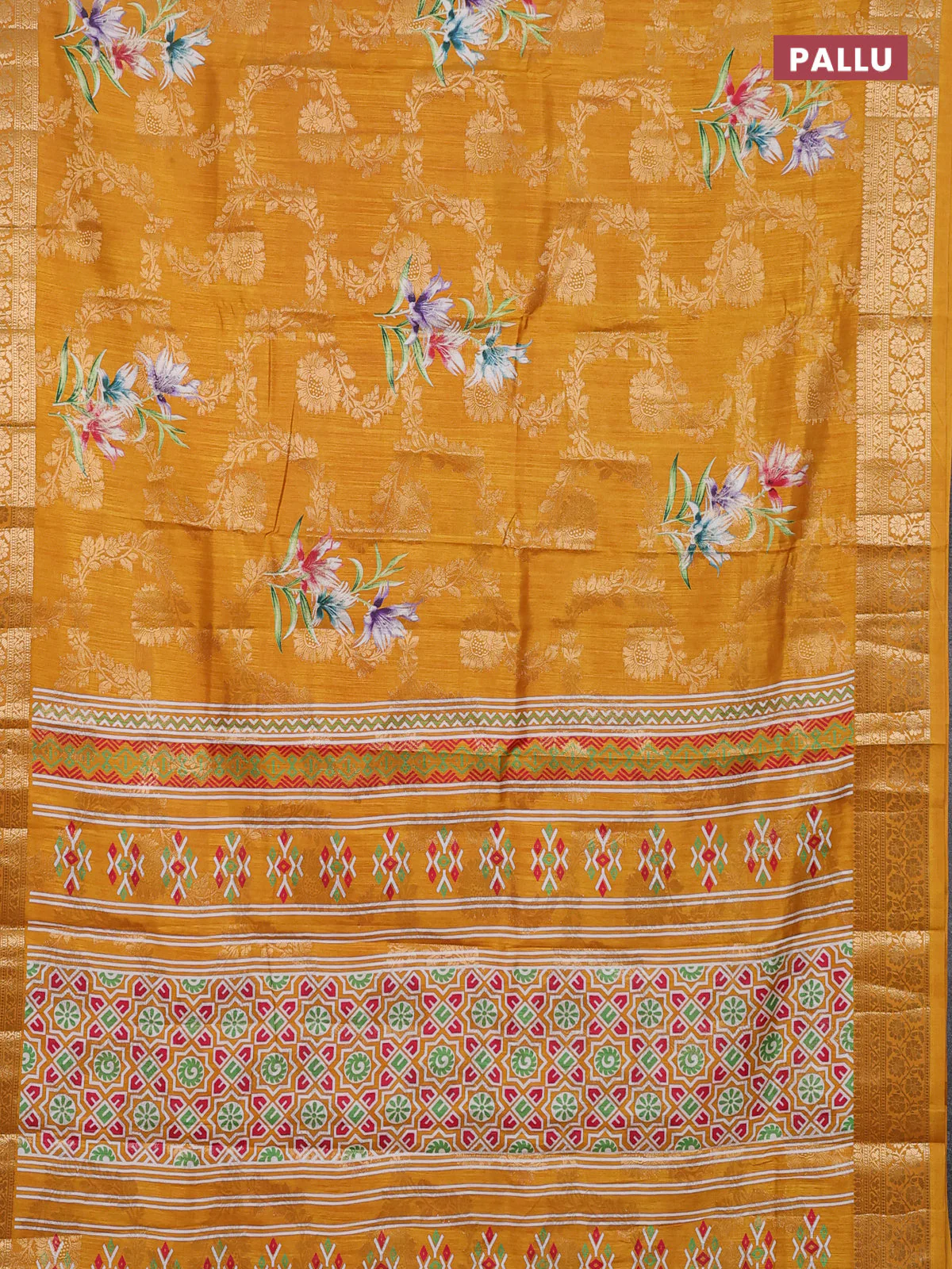 Semi dola saree mustard yellow with allover zari weaves & floral prints and zari woven border - Image 3