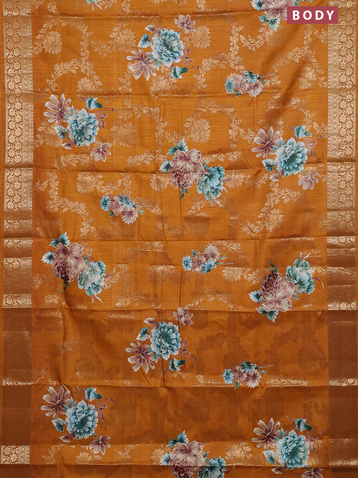 Semi dola saree mustard yellow with allover zari weaves & floral prints and zari woven border - Image 2