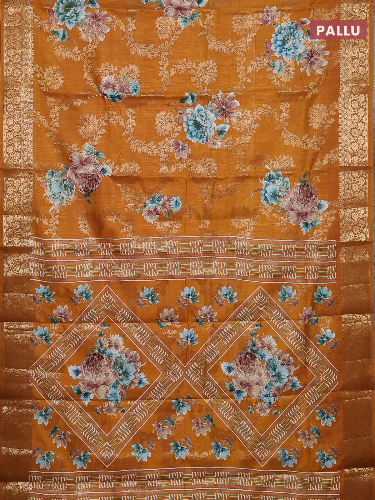 Semi dola saree mustard yellow with allover zari weaves & floral prints and zari woven border - Image 3