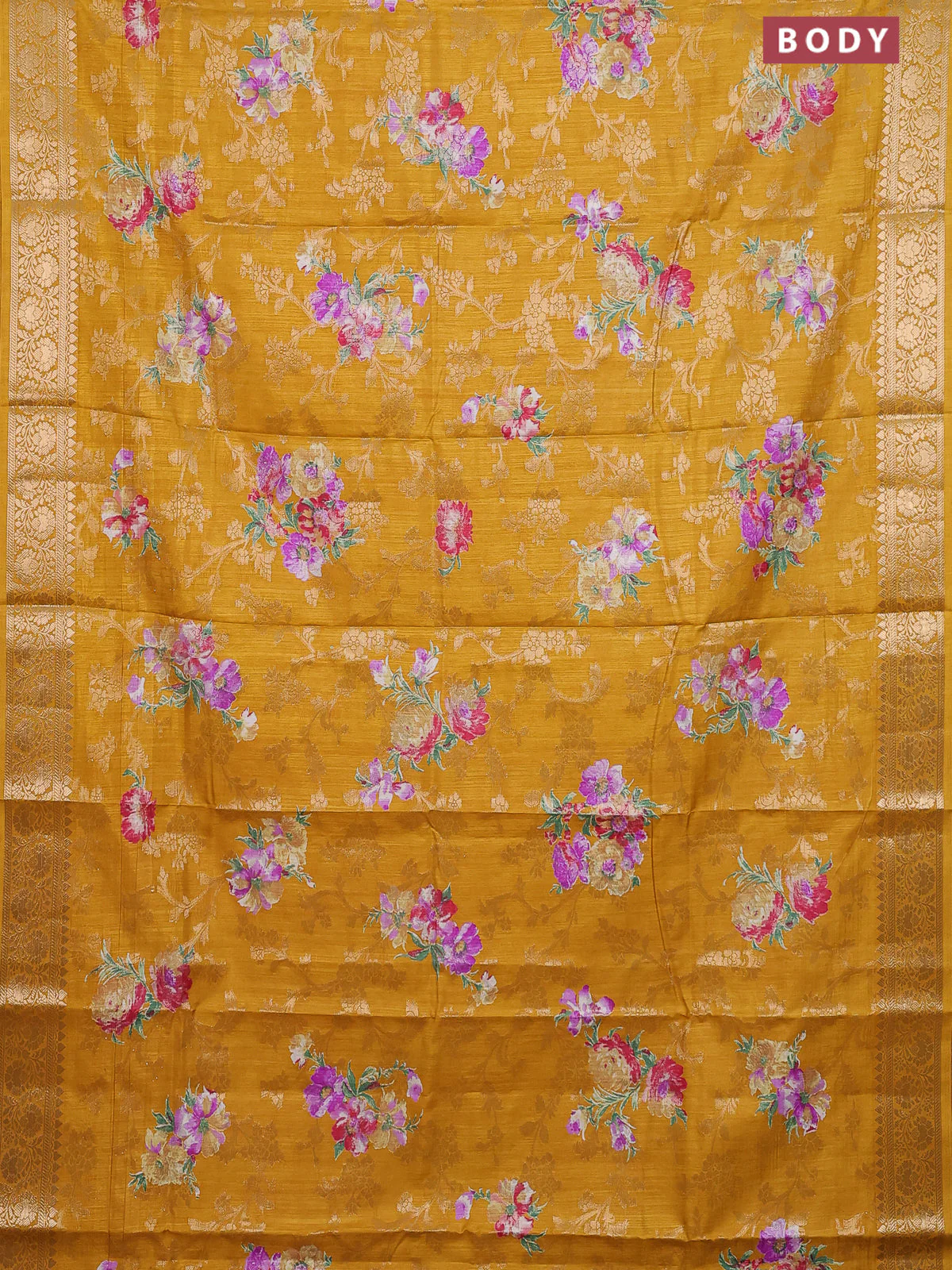 Semi dola saree mustard yellow with allover zari weaves & floral prints and zari woven border - Image 2