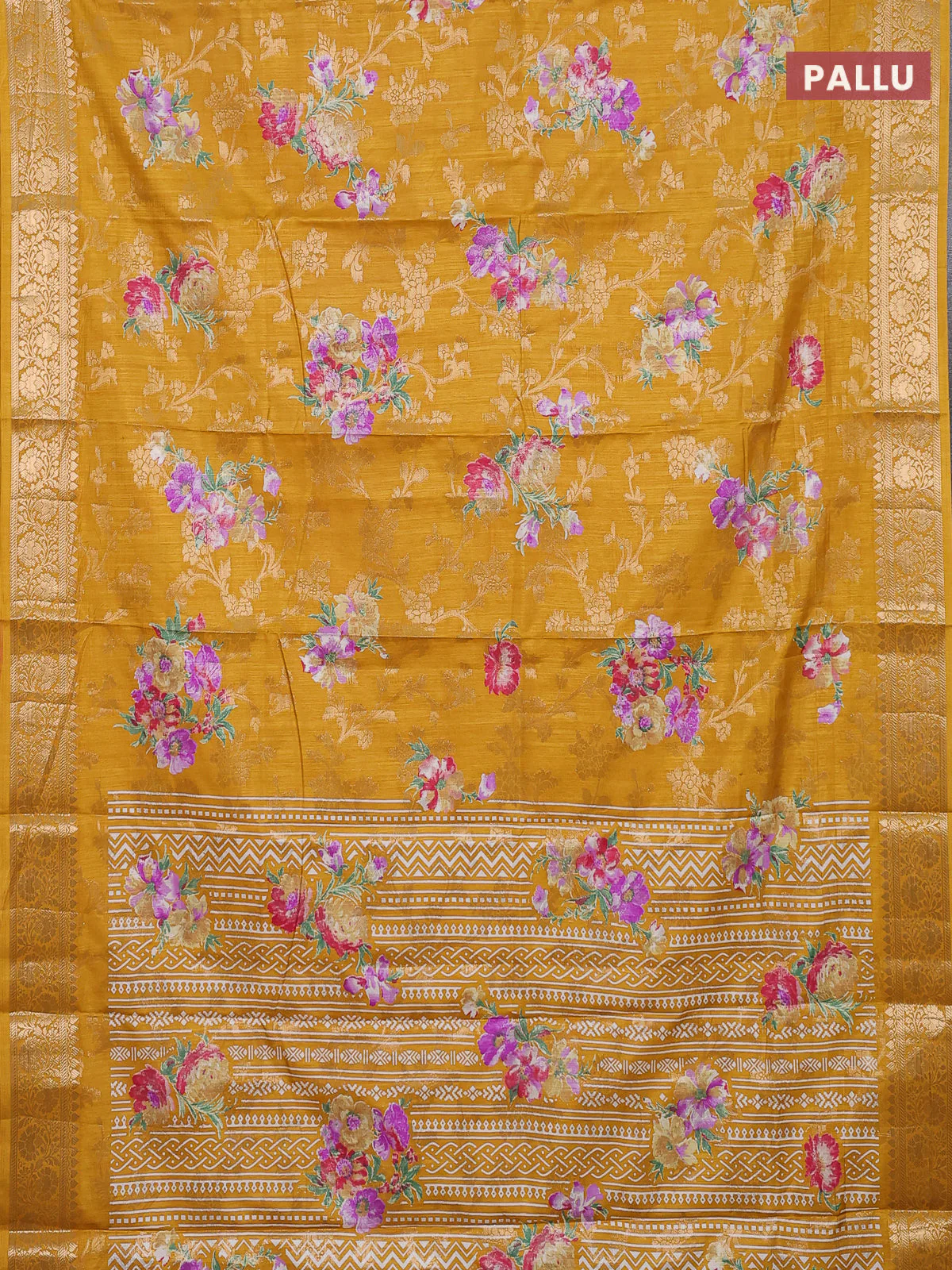 Semi dola saree mustard yellow with allover zari weaves & floral prints and zari woven border - Image 3