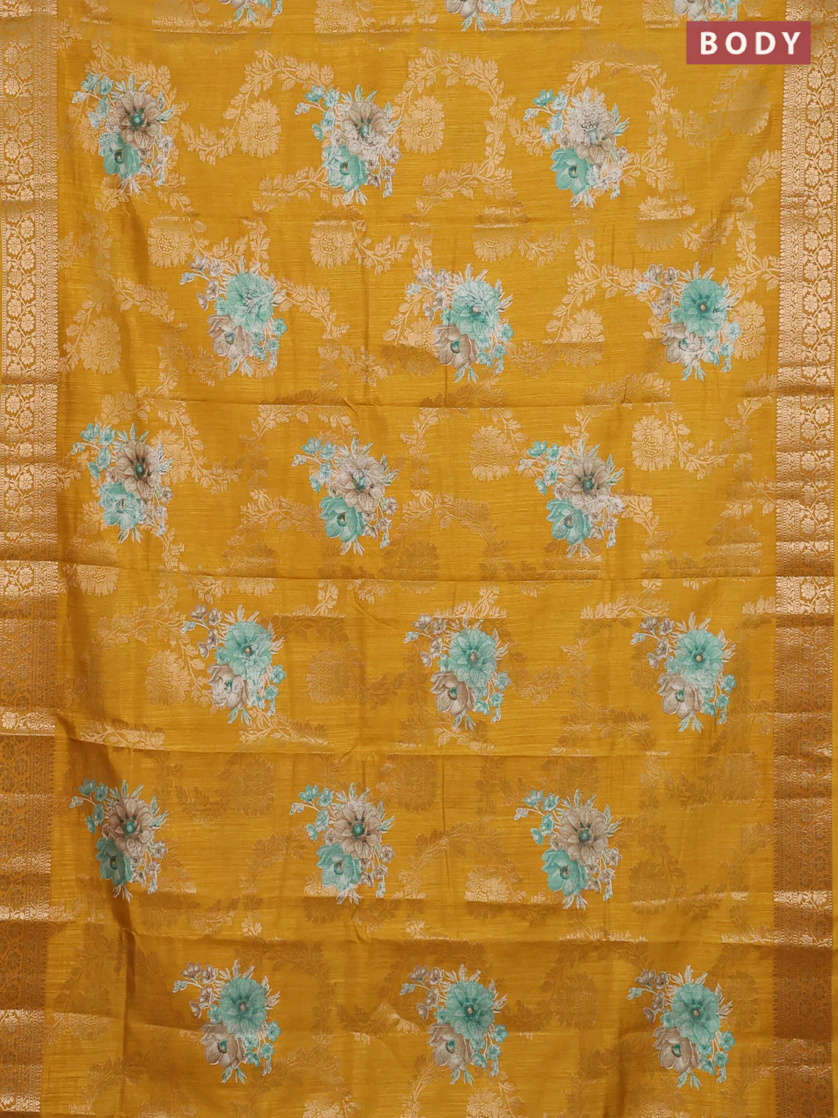 Semi dola saree mustard yellow with allover zari weaves & floral prints and zari woven border - Image 2