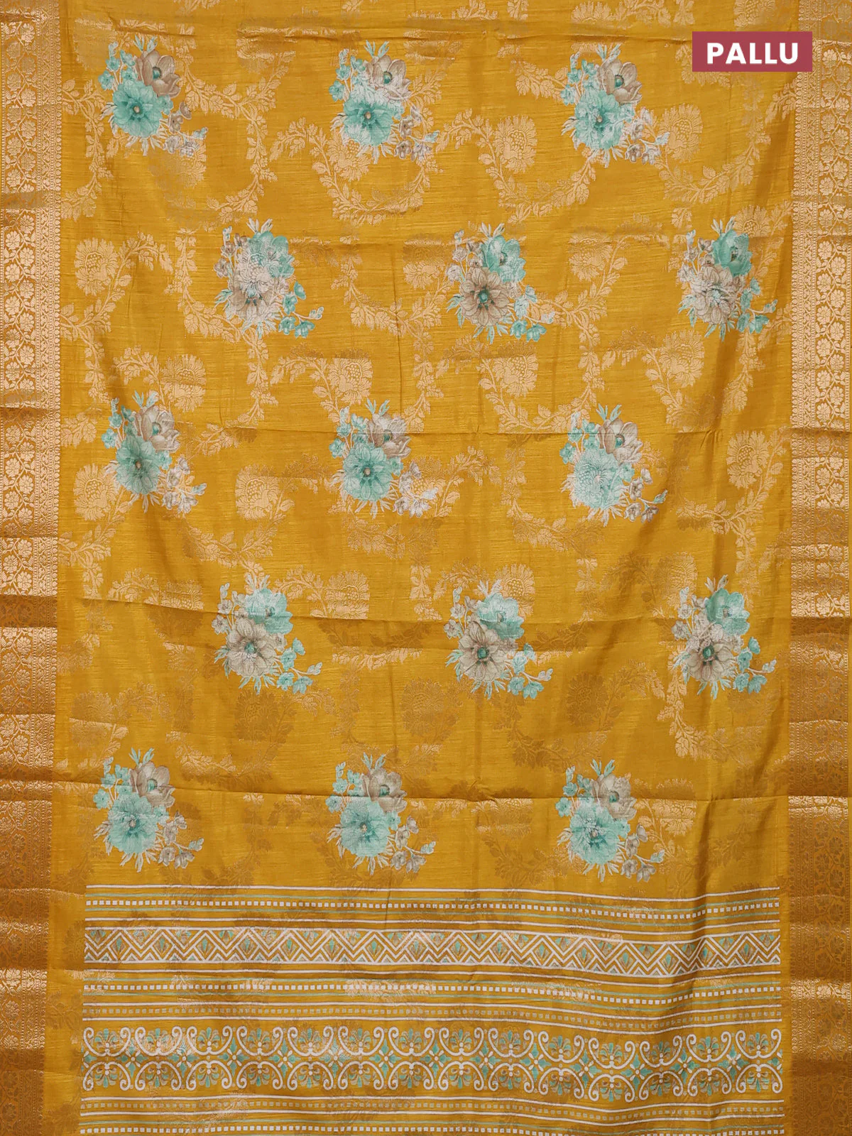 Semi dola saree mustard yellow with allover zari weaves & floral prints and zari woven border - Image 3