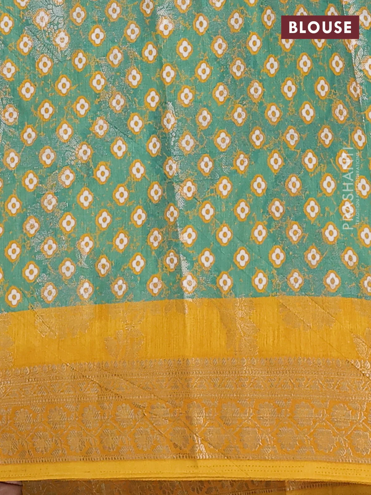 Semi dola saree mustard yellow with allover zari weaves & floral prints and zari woven border - Image 4