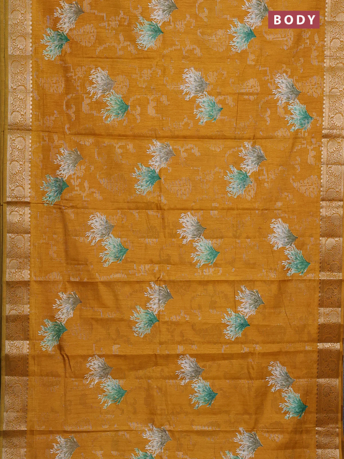 Semi dola saree mustard yellow with floral prints & zari weaves and zari woven border - Image 2